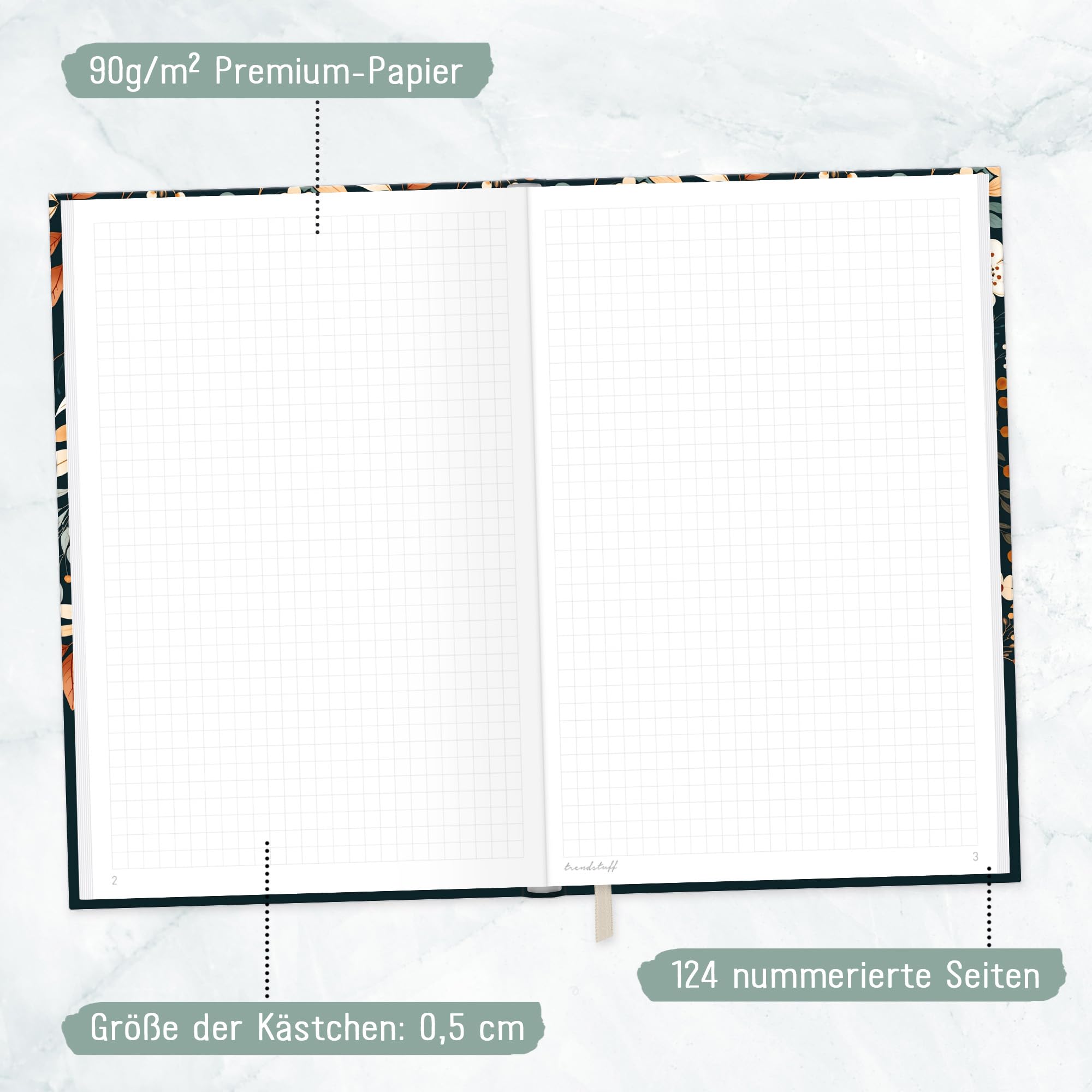 Häfft A5 squared Pretty Flowers notebook from Trendstuff 124 pages, 62 sheets, ideal as a diary, journal, idea book, notebook - Image 4