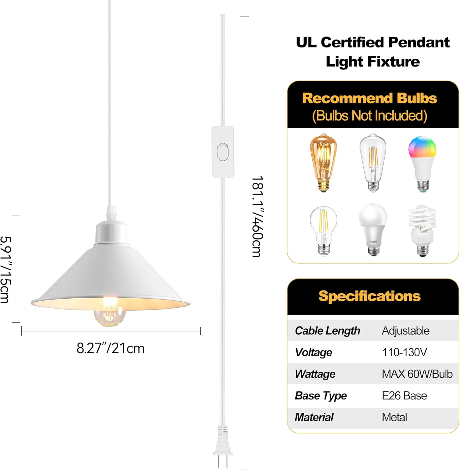 8.2IN Plug in Pendant Light, 2 Pack Industrial Hanging Lamp White Vintage Pendant Lighting Fixtures with 15ft Cord On/Off Switch for Kitchen Island Dinning