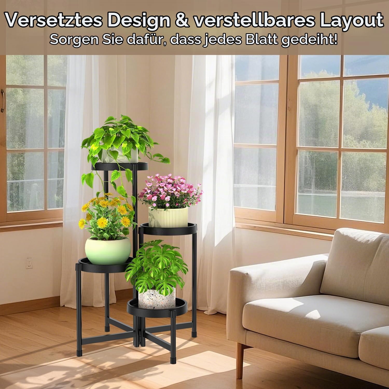 Blumenständer Pflanzenständer Pflanzenregal Outdoor Indoor Schwarz | 4-Stufiger Metall Mehrstöckig Pflanzenregal Blumenregal Pflanzentreppen für Zimmerecke, Wohnzimmer, Balkon, Terrasse, Hof