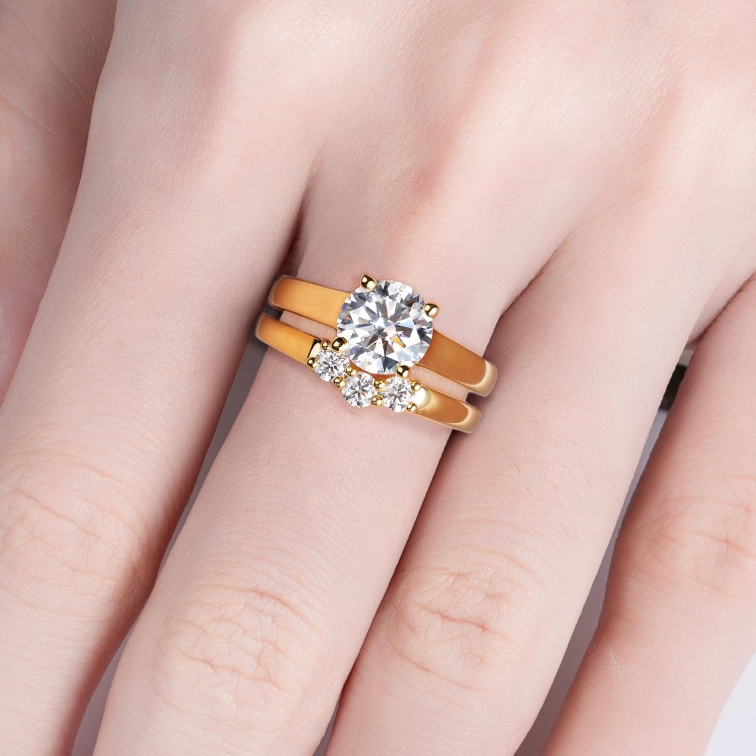 Idocare Moissanite Halo Wedding Rings Set for Women D Color VVS1 Round Cut 14K Yellow Gold Plated 925 Sterling Silver