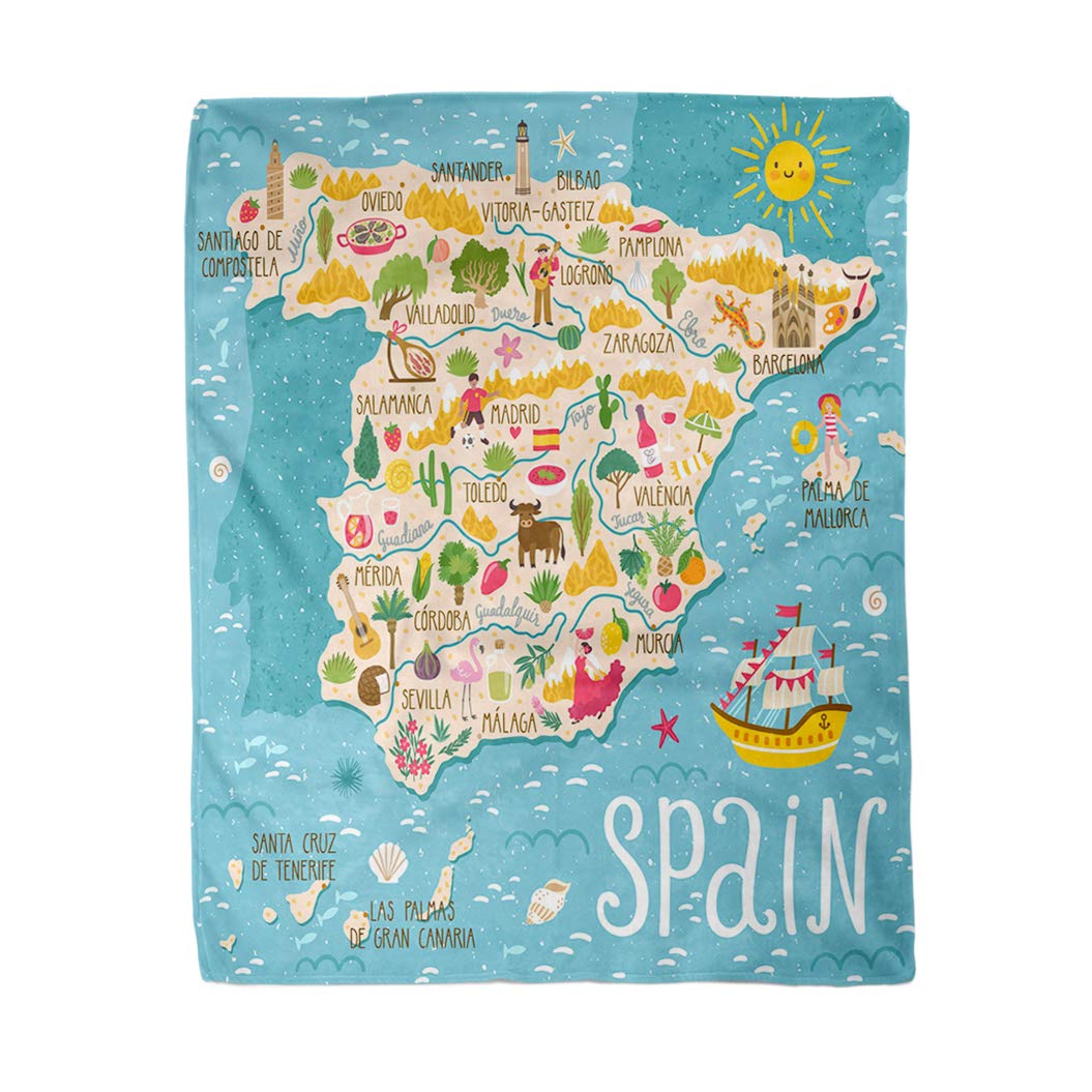 Topyee 130x150 cm Throw Blanket Map of Spain Travel Spanish Landmarks People Food Warm Cozy Print Flannel Home Decor Comfortable Blanket for Couch Sofa Bed
