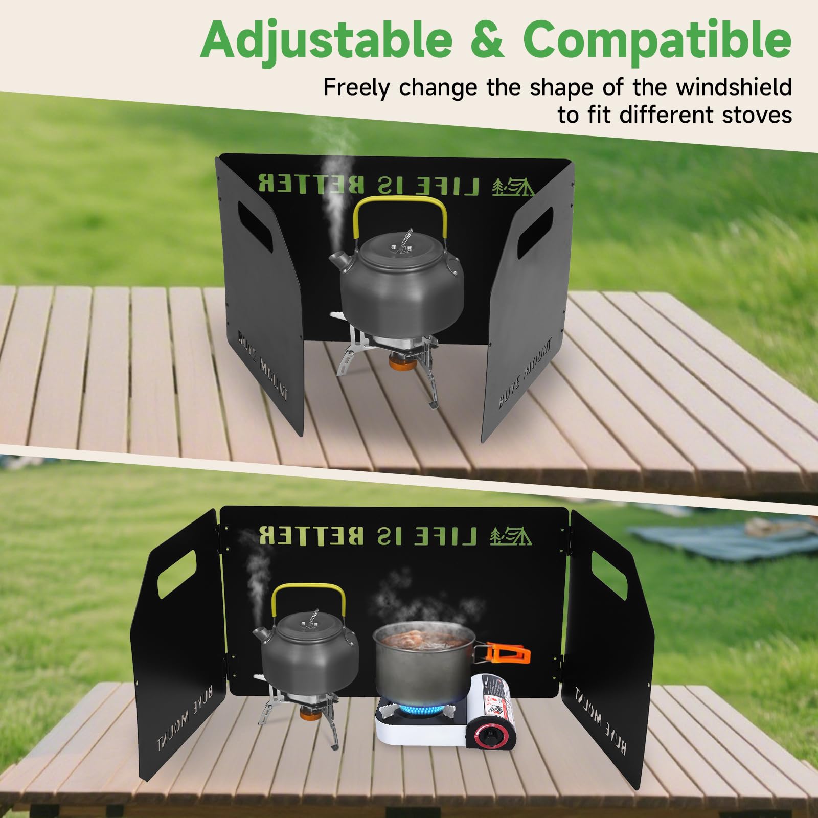 Parabrezza per fornello da campeggio: GEEKHOM 3 pannelli in acciaio pieghevole antivento con borsa con coulisse per stufe a gas/butano – per camper, escursionisti, escursioni, picnic & backpacking