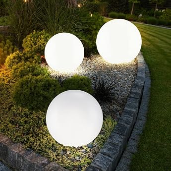 Set of 3 LED Outdoor Solar Ball Lights Garden Lighting Lawn Flower Bed Plug Lamps 1 x 20 cm and 2 x 25 cm