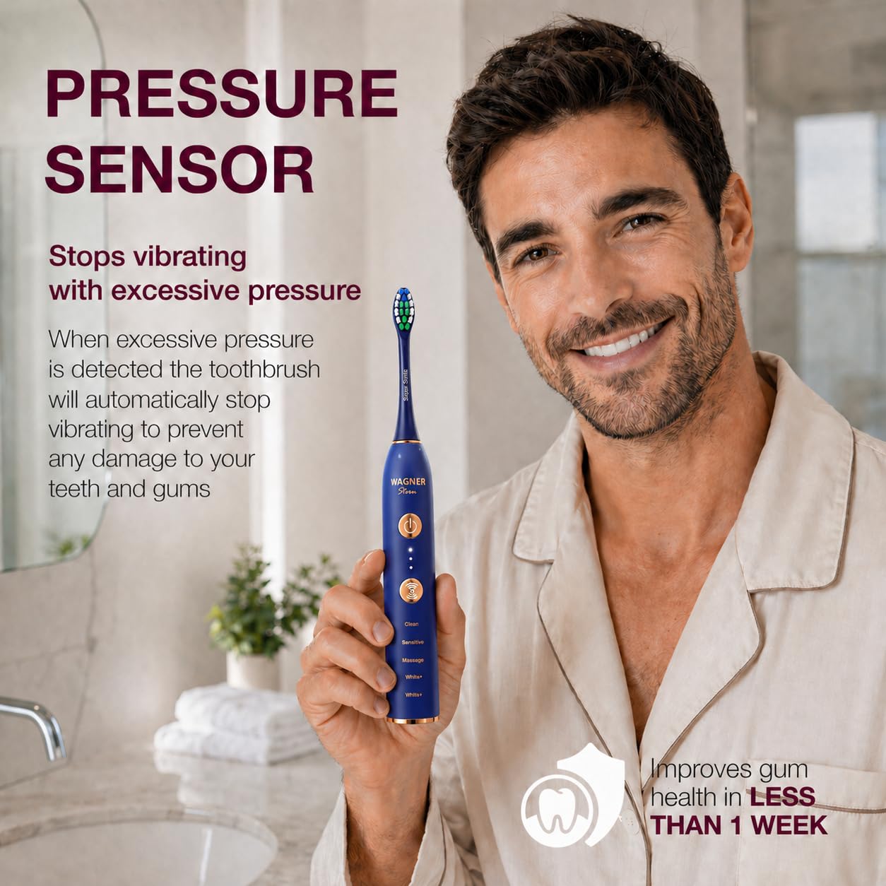 Wagner & Stern WHITEN+ Cepillo Eléctrico Inteligente con Sensor de Presión, 5 Modos, 3 Niveles de Intensidad, 8 Cerdas, Estuche de Viaje Premium. (Zafiro)