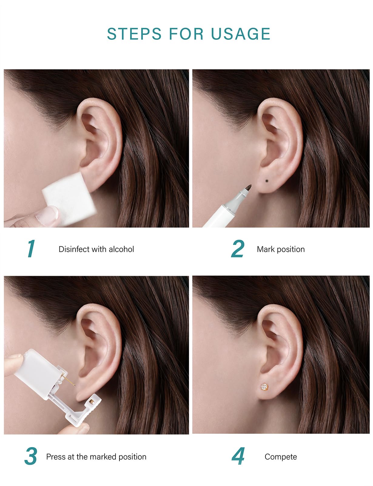 Yiorxu 8pcs Ear Piercing Gun Kit,Pain-Free Disposable Sterile Self Piercing Kit Set with 8 Medical Grade Studs Earrings Silver/Gold & Wipes for Teens,Women Men Girls Boys & Home Use — view 2