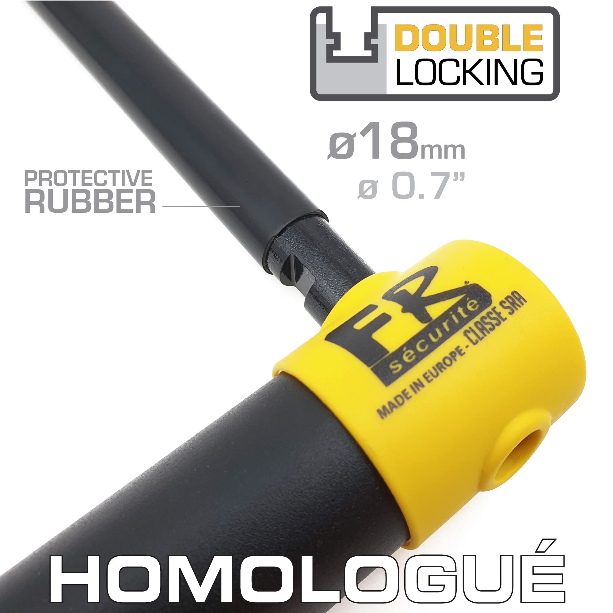 FR SÉCURITÉ FR85120 Antivol Moto Homologué SRA, Haute Sécurité, U Ø18 en Acier Cémenté, Double Verrouillage avec Serrure Anti-Crochetage, Antivol Vélo U Robuste, Scooter et Vélo Électrique 85x120mm