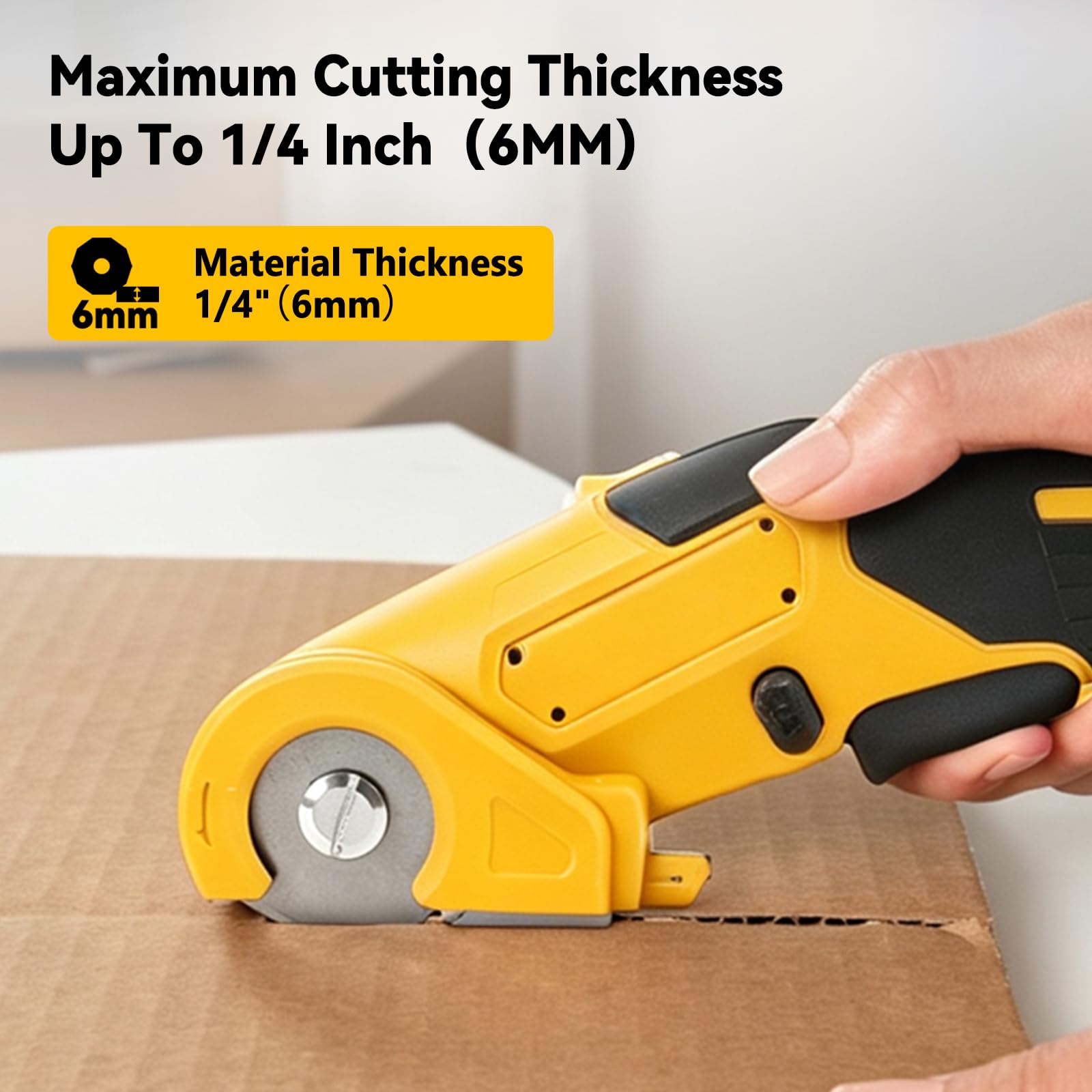 Elektrische Schere Karton Rollschneider Kompatibel mit Dewalt 18V/20V, Rollschneider mit 3 Ersatzklingen 6mm Schnitttiefe für Stoff, Karton, Leder, Teppich (Gelb für Dewalt)