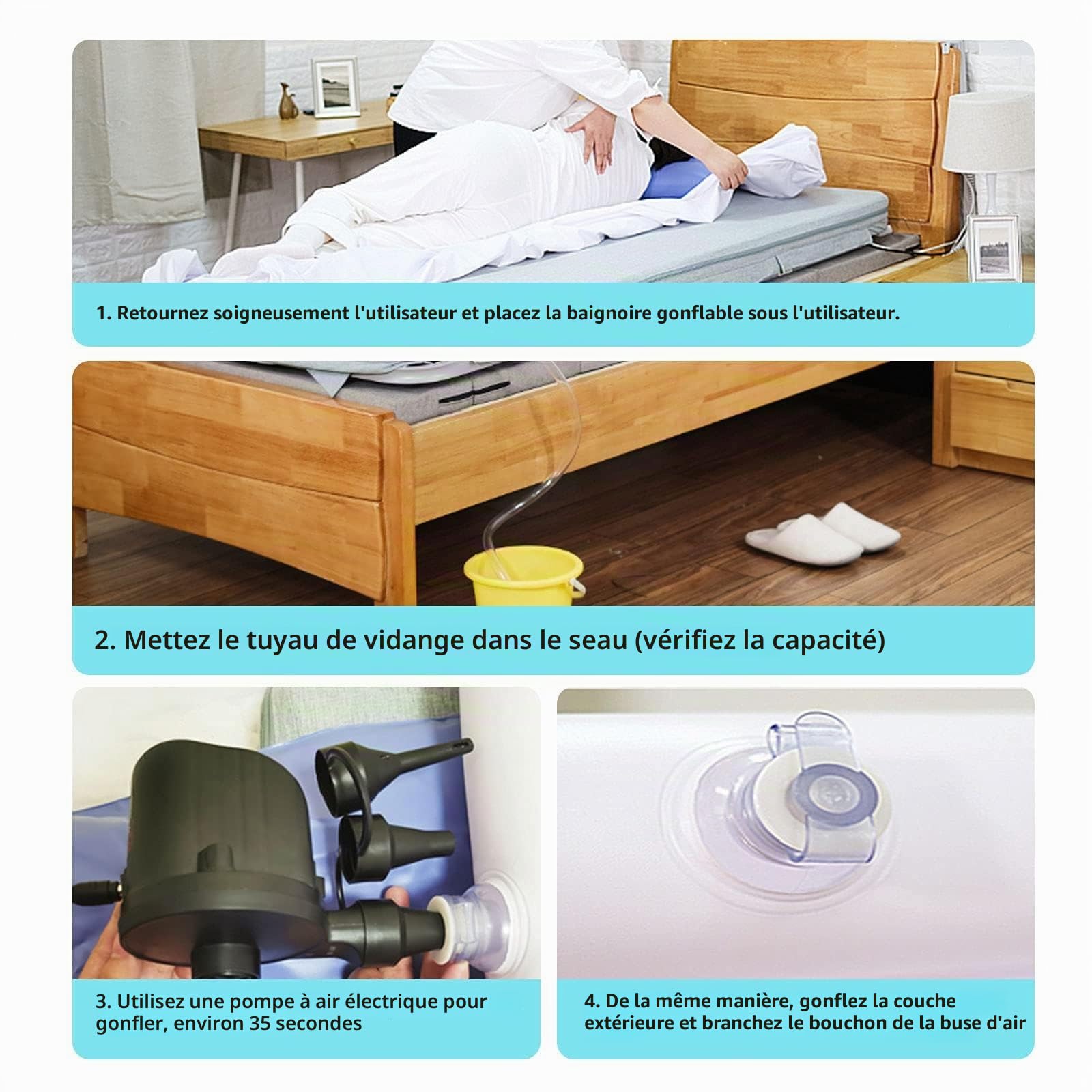 Kit De Baignoire De Douche Gonflable Médicale, Aide Au Bain Dans Le Lit Pour Patient Handicapé, âgé, Alité Ou Blessé, Baignoire Portable En PVC Au Lit Avec Pompe à Air électrique, Sac à Eau