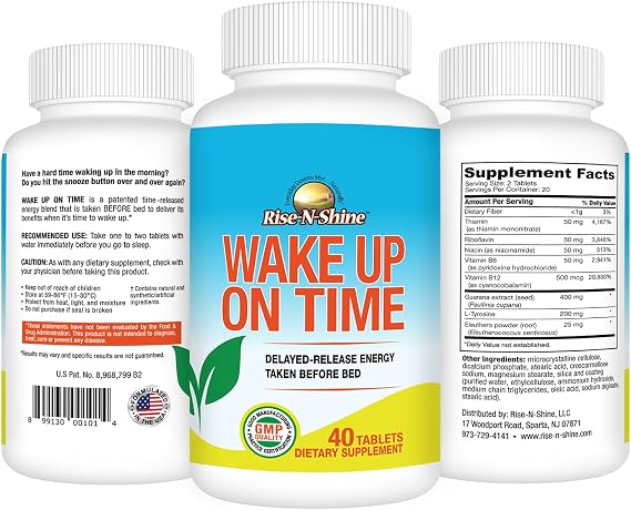 Rise-N-Shine Wake Up On Time Energy Supplement to Help Boost Your Mornings with Alertness & Focus for a Productive Day with Natural Caffeine & More - 40 Tablets