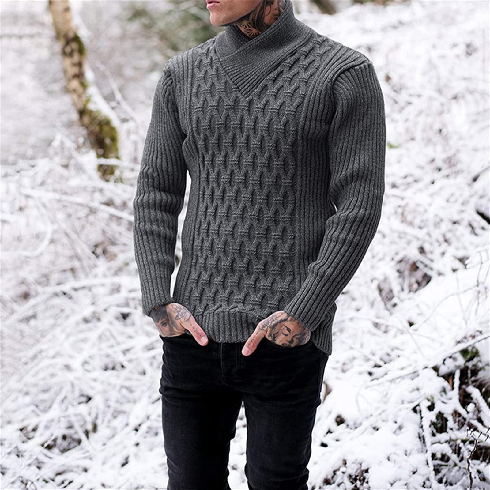 Maglieria a Maniche Lunghe da Uomo Tinta Unita Orlo a Coste con Scollo a V Maglione Pullover da Uomo