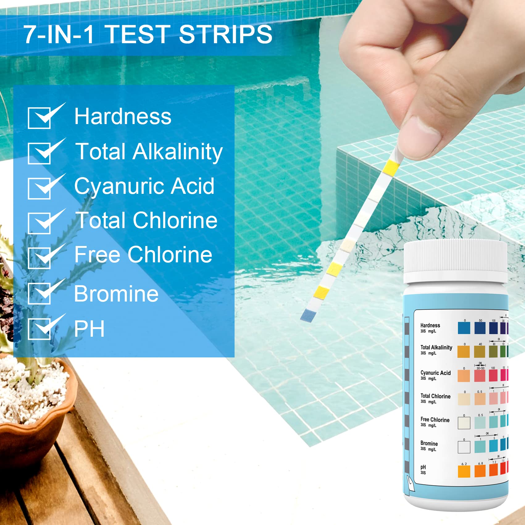 100 tiras reactivas para piscina, 7 en 1, tiras de prueba de agua para piscina, dureza total de piscina, cloro libre, bromo, cloro total y valor de pH, comprobador de pH de piscina, accesorios de