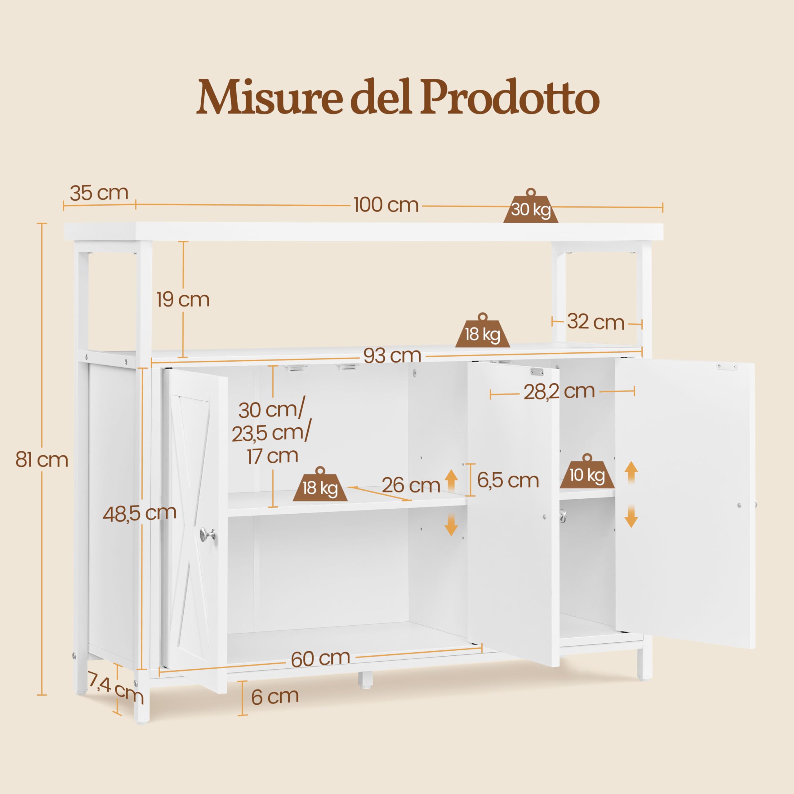 Yaheetech Credenza a 3 Ante Mobile da Cucina Armadietto Organizzatore con Ripiani Regolabili e Scomparto Aperto 100x35x81,5 cm per Sala da Pranzo e Soggiorno