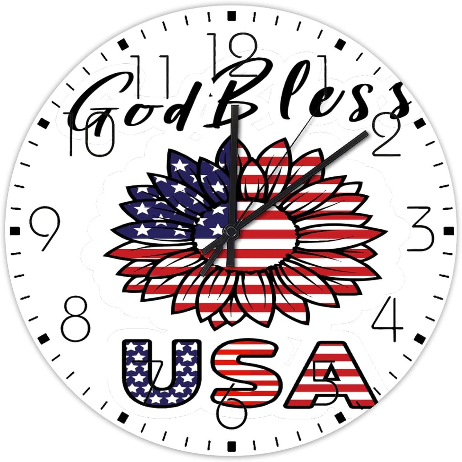 Minimalist Wood Clock Silent Non-Ticking Large Numbers Battery Operated 4th of July God Bless America USA Retro Wall Clocks American Flag Coffee Decor for Restaurant Hotel Dining Room 15 Inch