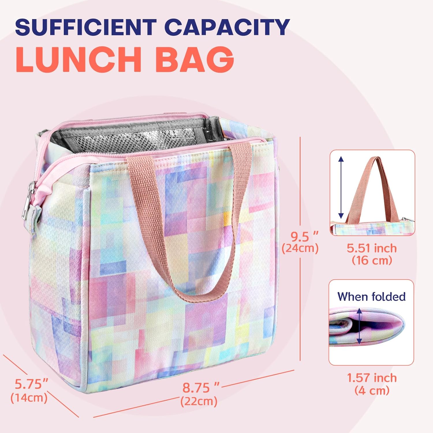 Insulated Lunch Bag, Foldable Reusable Lunch Box with Leakproof Buckle, 3-Layer Leakproof Portable Thermal Tote Bag for Work Picnic Travel，9.5 x 8.75 x 5.75inch(Morandi)