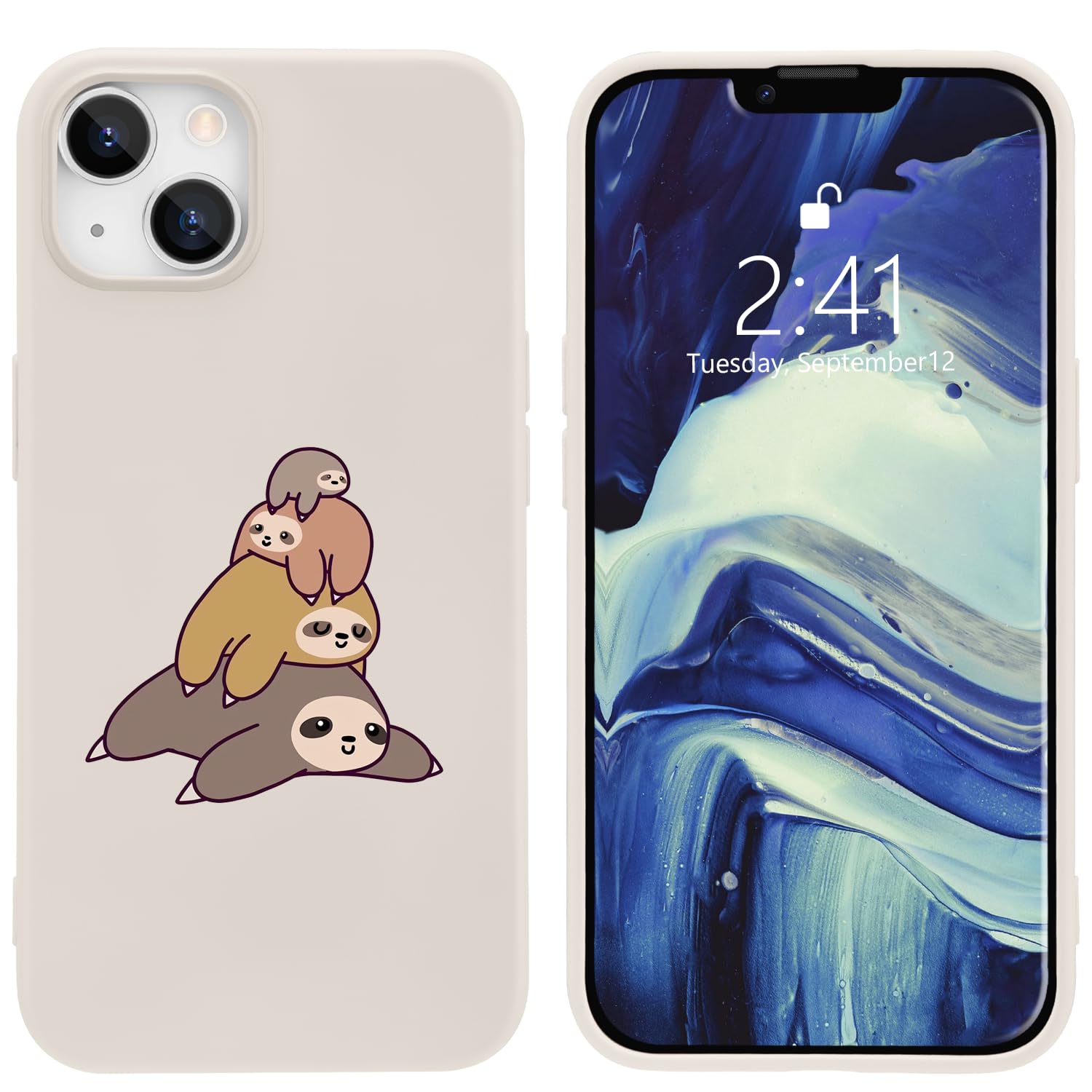 MAYCARI Cute Sloth Pattern Silicone Case Compatible with iPhone iPhone 14 Pro,Women Girls Aesthetic Design Ultra Thin White Liquid Silicone Phone Case All-Round Protection Cover with Microfiber Lining