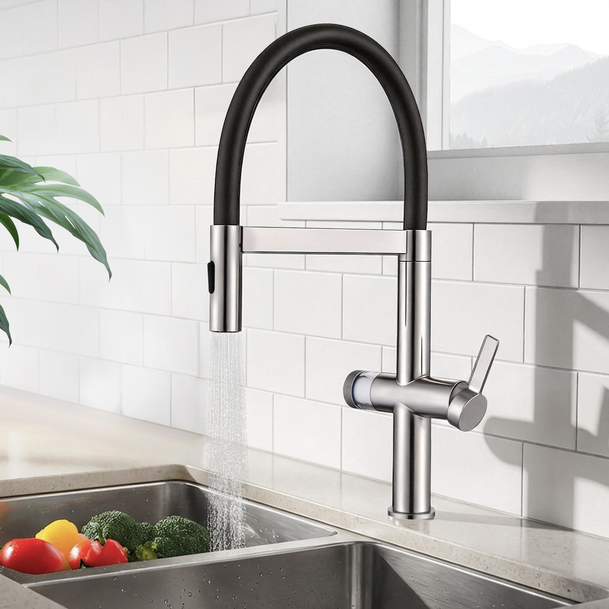 HOMELODY Wasserhahn Küche mit Filter, 2026 Hoher Bogen Hochdruck Küchenarmatur Ausziehbar, 360°Drehbar 2 Sprühfunktionen,Magnetrückstellung Mischbatterie Spültischarmatur Küche Edelstahl Chrom/Schwarz