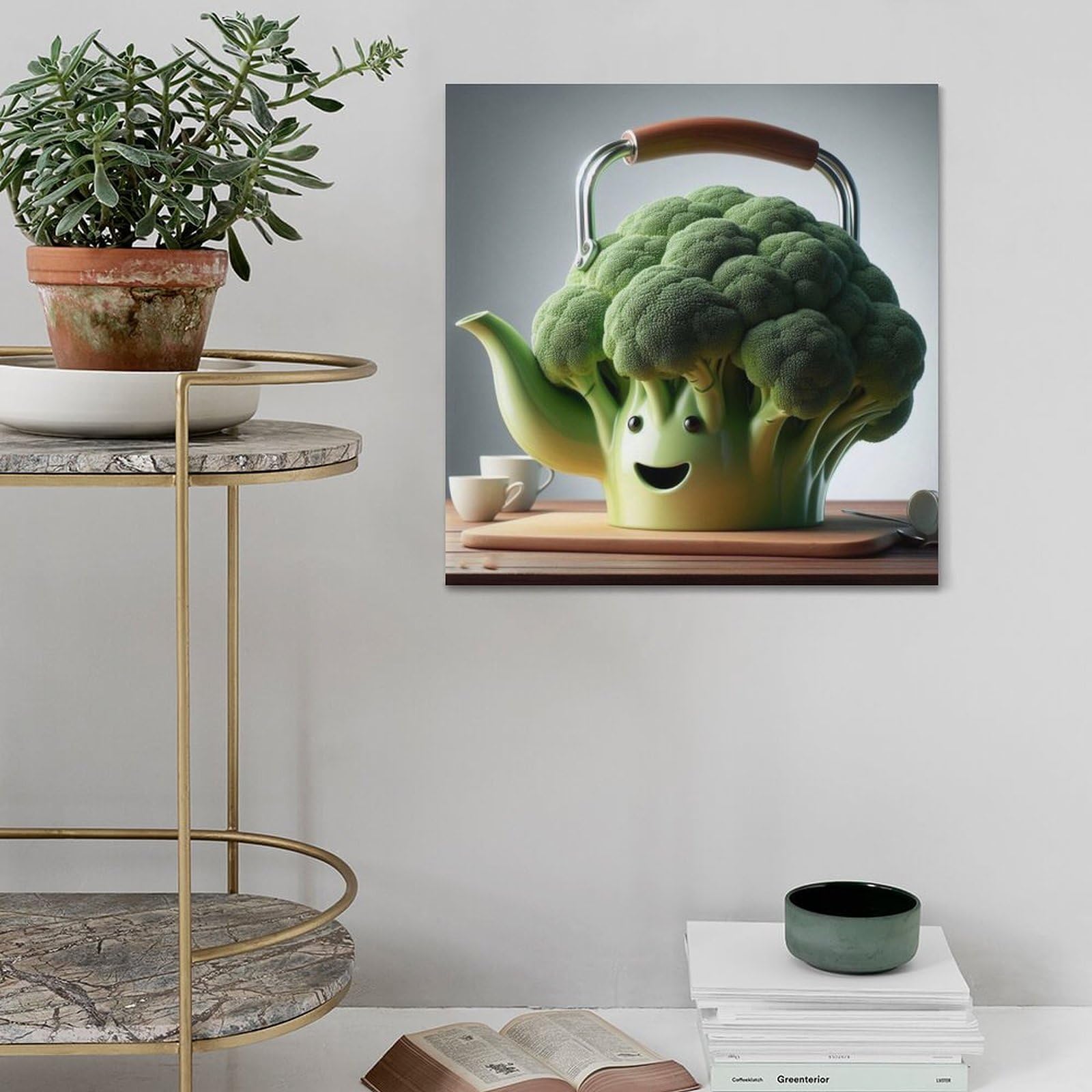 ZOGJIN Cartoon-Teekannen-Poster, Brokkoli-Gemüse, moderne Wandkunst, Leinwand, ästhetische Dekoration, Gemälde, 70 x 70 cm, Rahmenstil