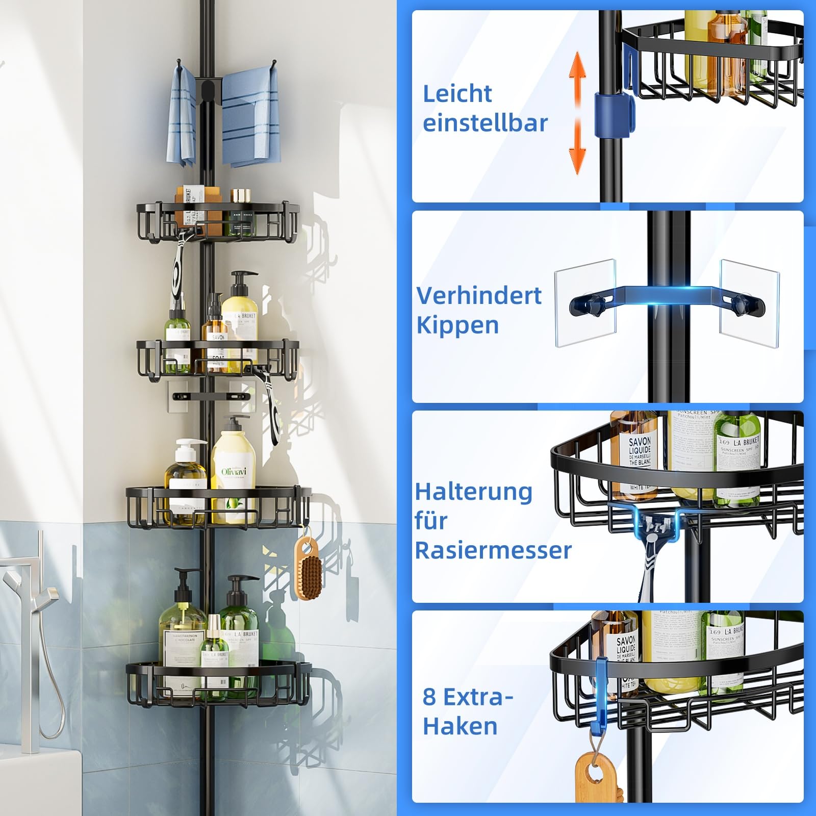 Telescopische Doucheplank, Doucheplank, Geen Boren, 73-265 cm, In Telescopische Doucheplank, Doucheplank, Geen Boren, 73-265 cm, In