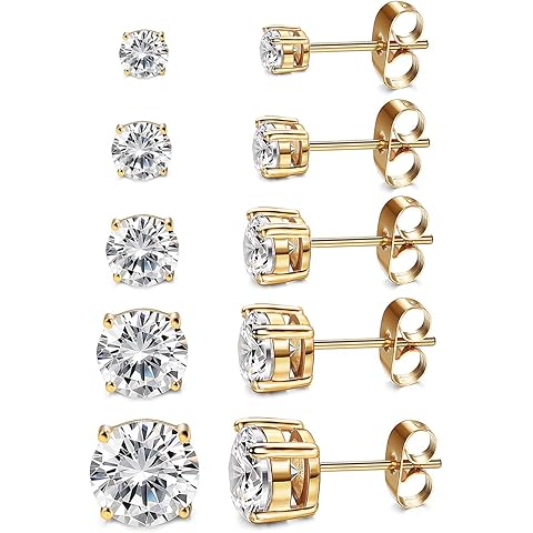 Kainier Women's 14K Gold Plated CZ Stud Earrings Simulated Diamond Round Cubic Zirconia Ear Stud Set(5 Pairs)…