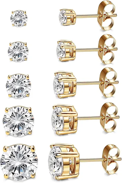 Kainier Women's 14K Gold Plated CZ Stud Earrings Simulated Diamond Round Cubic Zirconia Ear Stud Set（5 Pairs)…