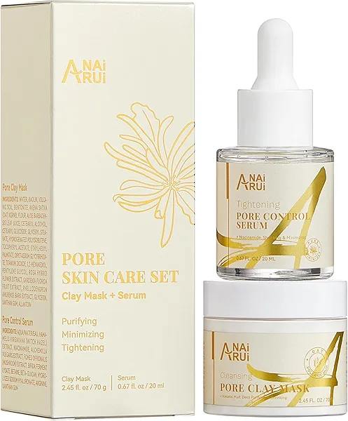 ANAI RUI 2 in-1 Pore SkinCare Set, Pore Clay Mask+Pore Minimizing Serum,Volcanic Pore Clay Mask for Nose&Face, Pore Reducer, Sebum Control Pore Exfoliating Solution, Skincare for Women Yello