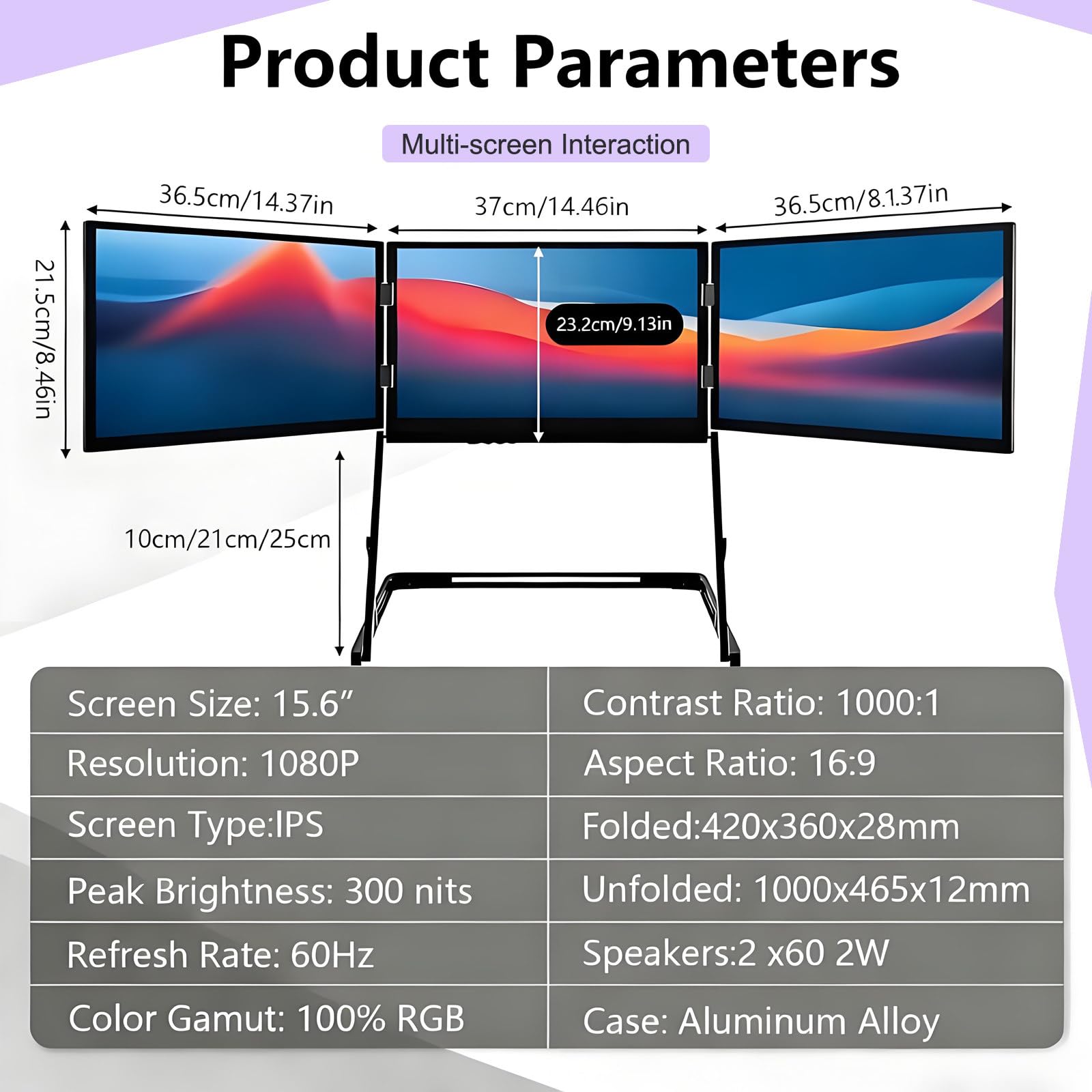 Przenośny Przedłużacz Monitora do Laptopa, 15,6-Calowy Składany Wyświetlacz FHD IPS, Usb-C Hdmi Play, Konfiguracja z Trzema Ekranami do Pracy w Domu, Biurze, dla Systemów Windows/mac