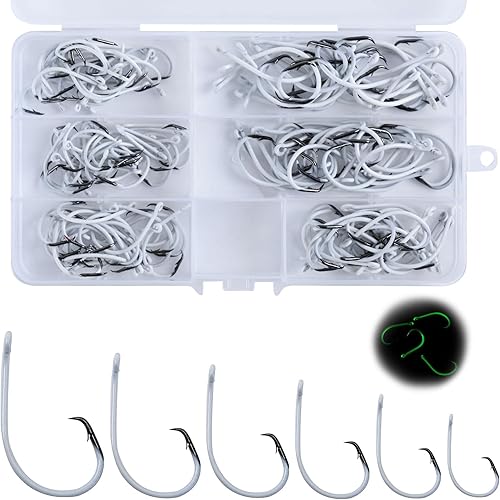Goture Anzuelos de pesca agudos y anzuelos circulares brillantes  Juego de anzuelos de acero de alto carbono con caja, gancho de pesca a granel para