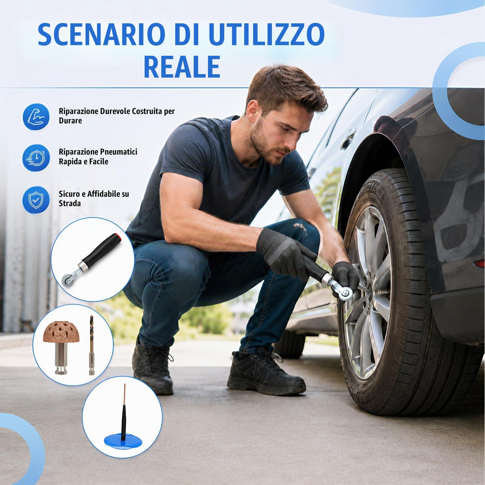 Kit di Riparazione Pneumatici, Set da 27 Pezzi per Auto Riparazione Gomme per Auto Camion Moto e Biciclette Set Multiuso di Tasselli e Toppe Tasselli a Fungo in Gomma e Strumenti di Inserimento