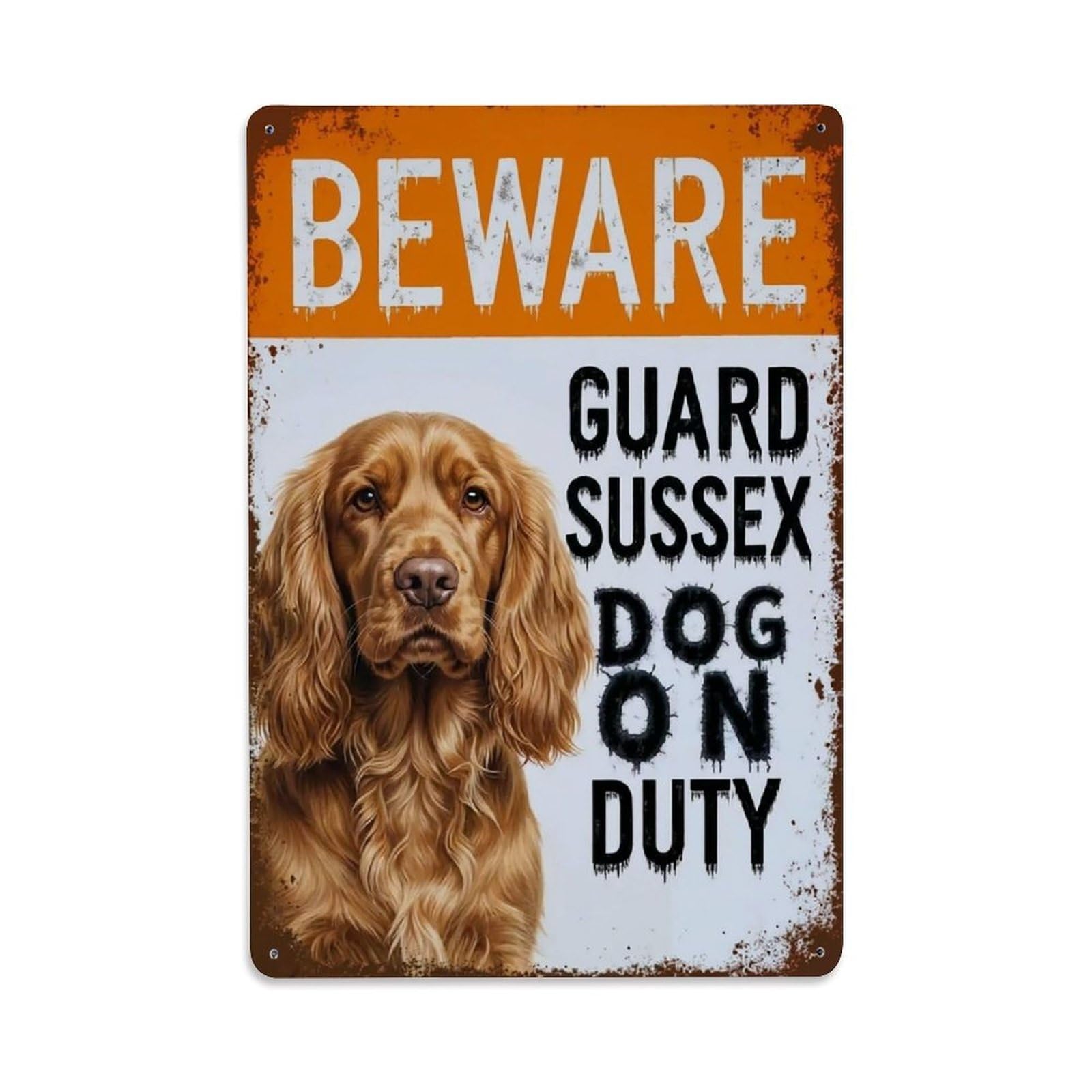 Vintage Funny Sussex Guard Beware of Dog Passage Metal Tin Sign Plaque Wall Decor for Cafe, Club Bar, Office, Garden Metal Poster 8x12Inch