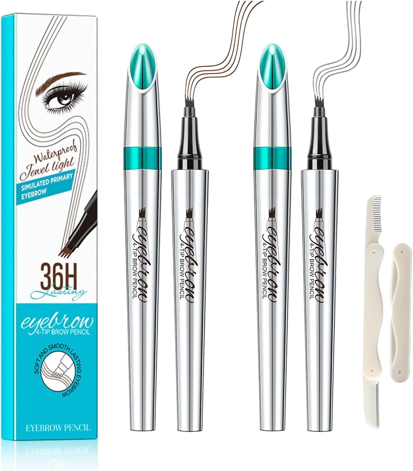 4-Tip Eyebrow Pencil Set For Precise Definition And Natural Hair-Like Strokes - Waterproof, Smudge-Resistant, 36-Hour Lasting Wear With Dual-Ended Design And Spoolie Brush In Black And Brown Shades