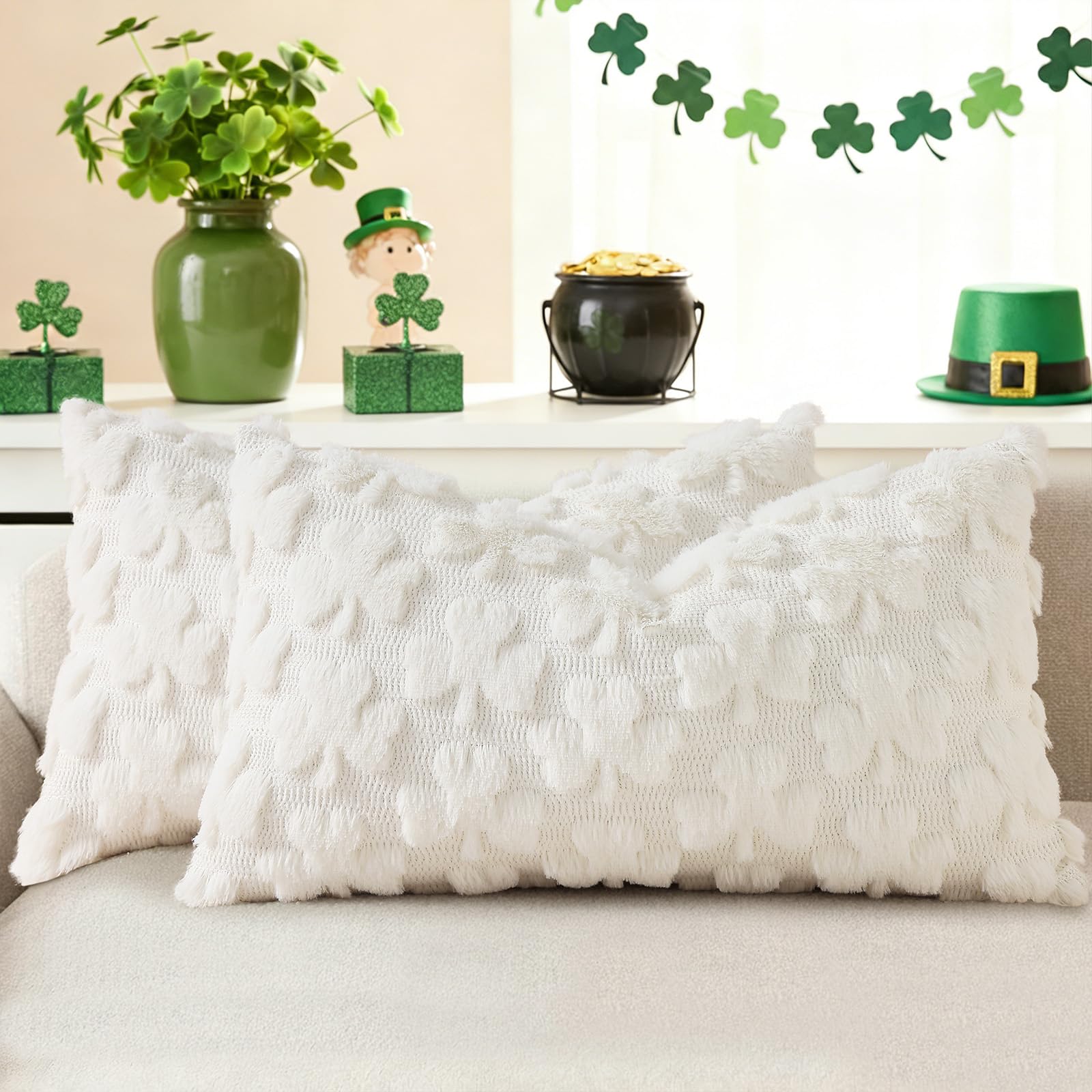 decorUhome Faux Fur Throw Shamrock Cream White Pillow Covers 12x20 Set of 2