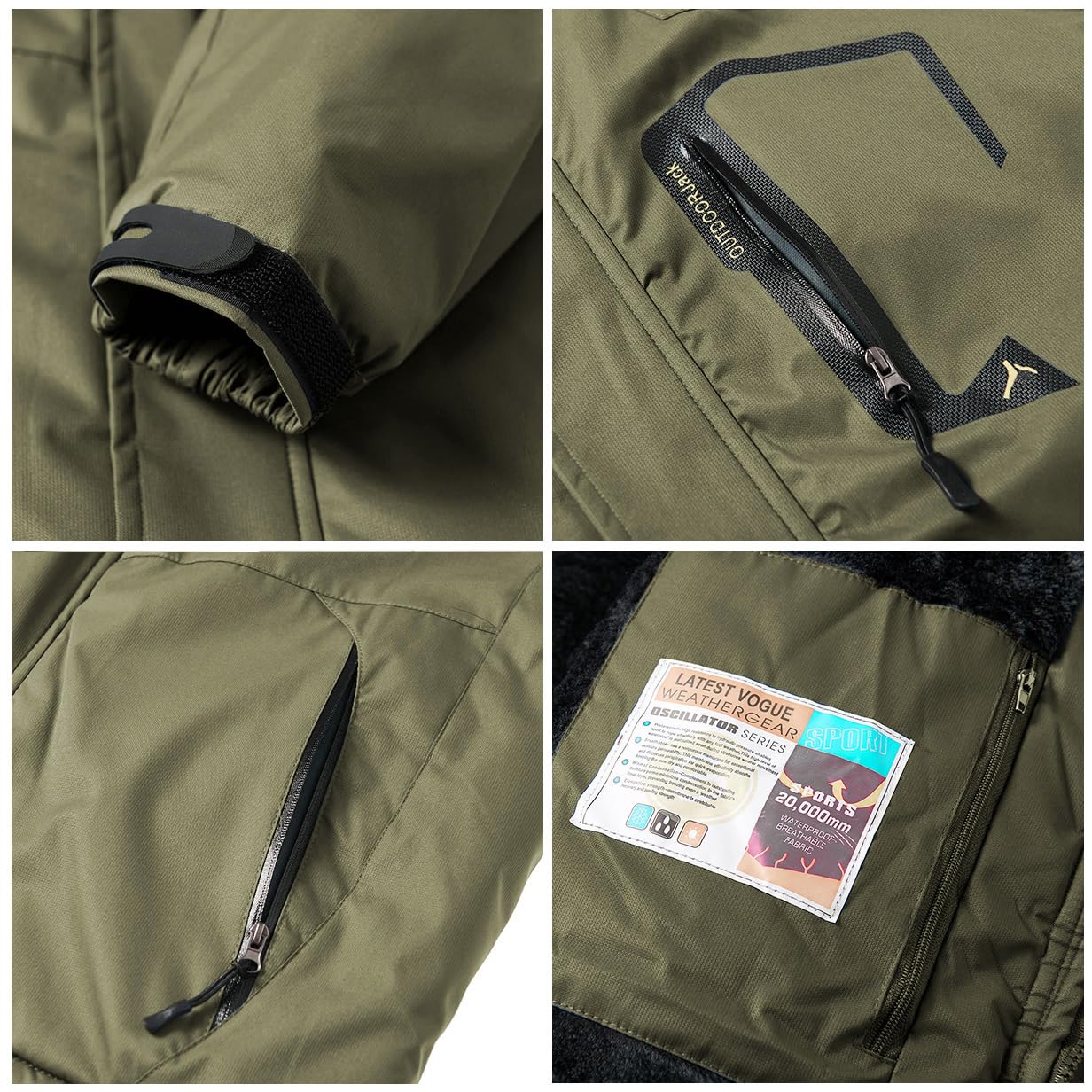 MANSDOUR Giacca da sci da trekking da uomo impermeabile in caldo pile invernale da snowboard giacca a vento con cappuccio, Verde militare, XX-Large