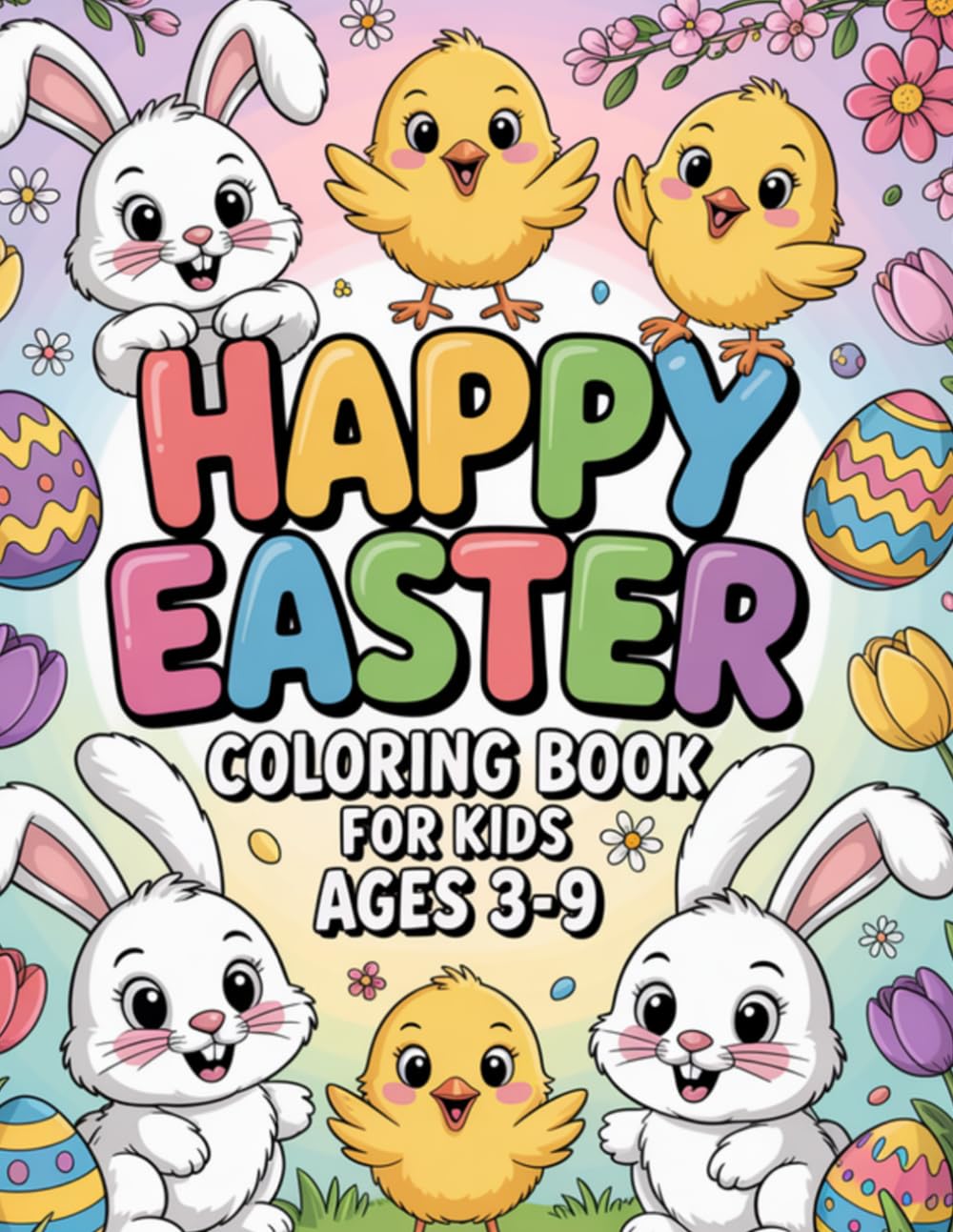 Happy Easter Coloring Book for Kids Ages 3-9: Cute and Easy Coloring Pages for Toddlers and Preschoolers with Bunnies, Eggs, Baskets and Spring Fun