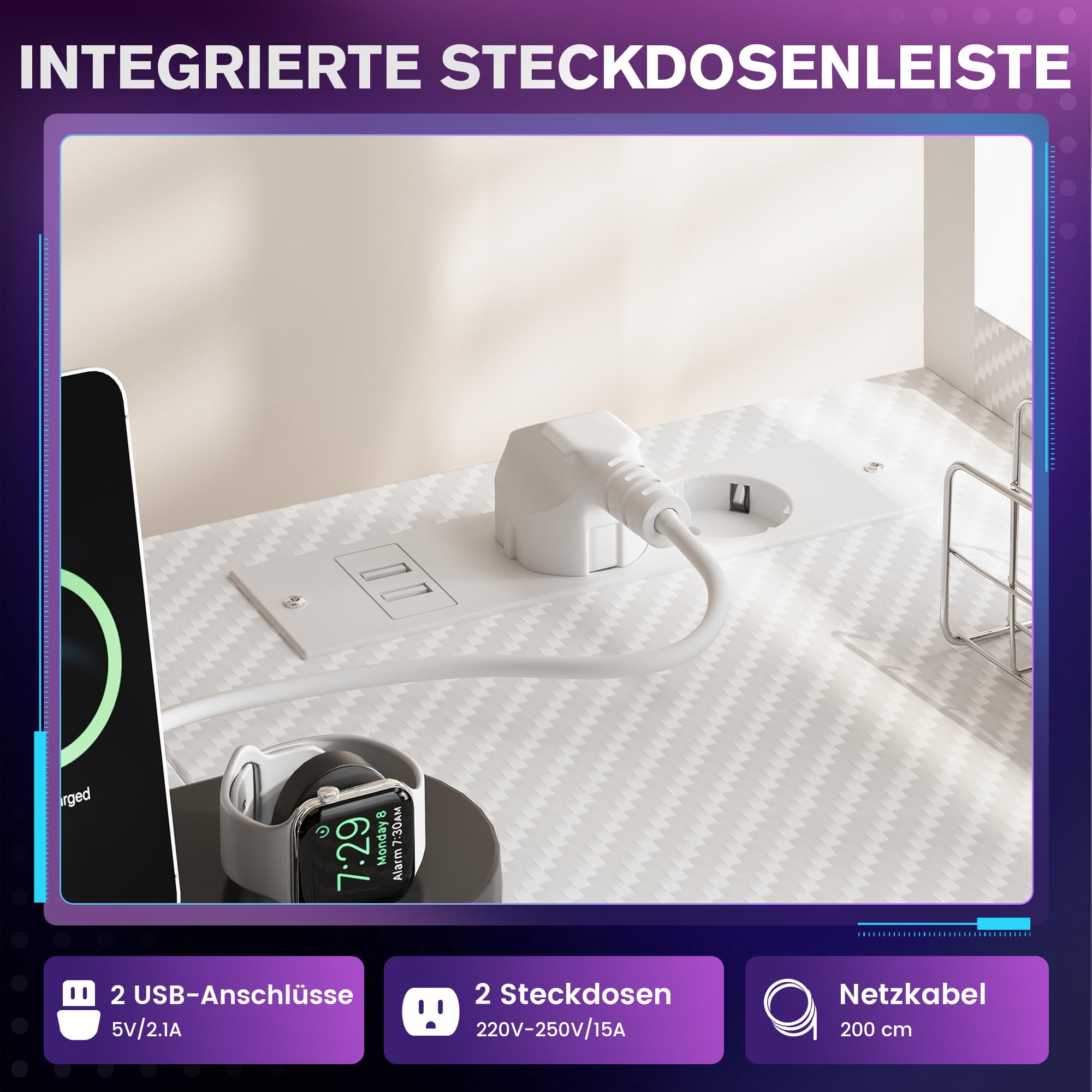 YOUDENOVA Stół gamingowy z diodami LED i gniazdkami, 100 cm, małe biurko z 2 szufladami, kieszeń boczna i półką, włókno węglowe, biały, stolik pod komputer do sypialni, domowego biura, pokoju