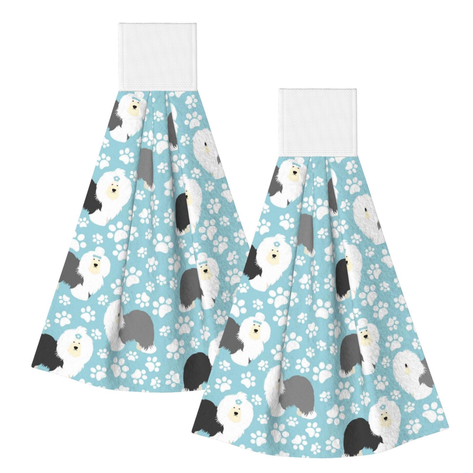 DOPKLNA Old English Sheepdog Background With Hand Drawn Paws Cute Cartoon, 2 Pcs Hanging Coral Fiber Hand Towels for Bathroom, Absorbent Kitchen Towels