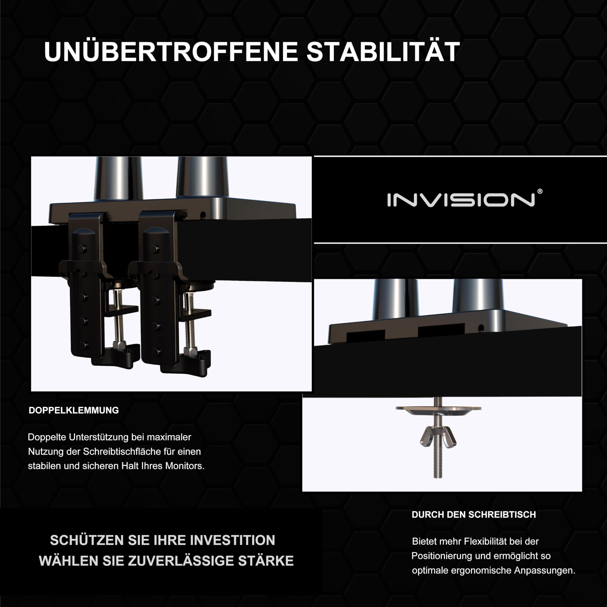 Invision Doppel-Monitorarm für Bildschirme von 24-35 Zoll, ergonomisch, höhenverstellbar (gasunterstützt), neigbar, drehbar und ausziehbar, VESA 75 mm und 100 mm, Gewicht 2 kg bis 15 kg (MX900)