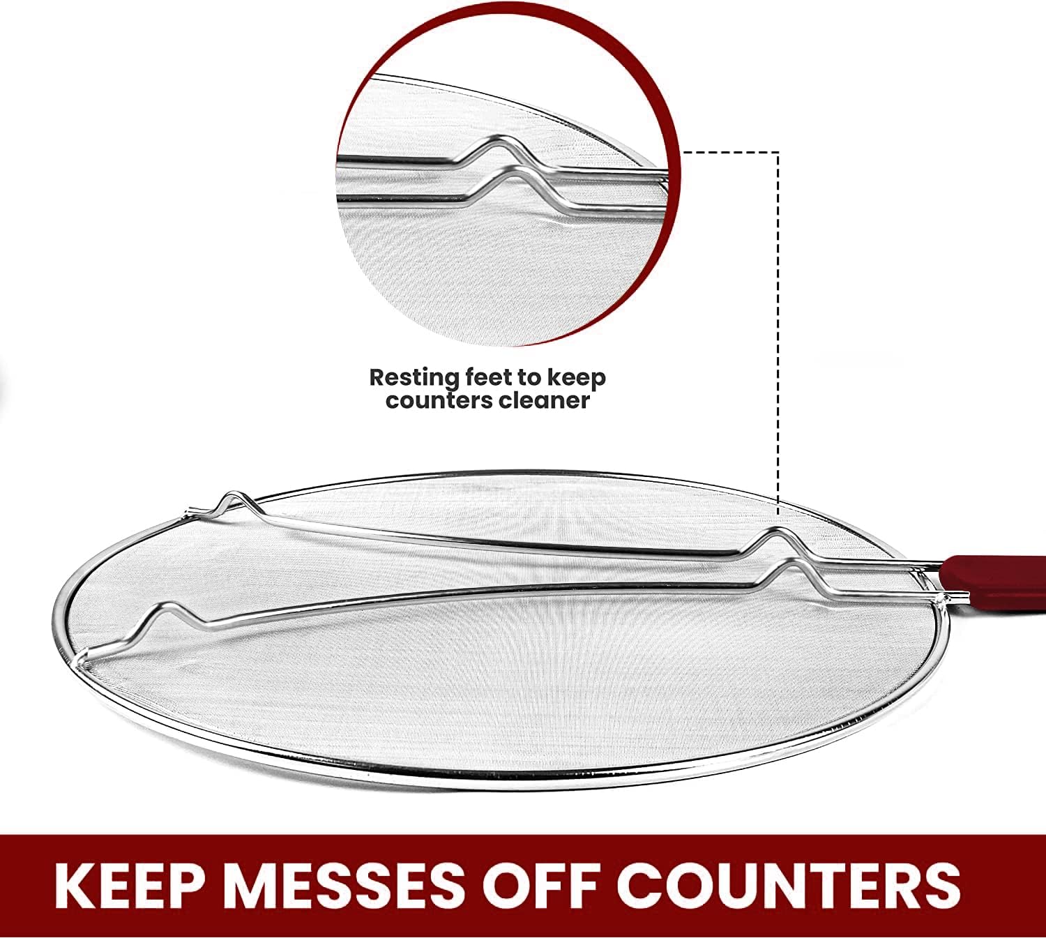 13" Grease Splatter Screen for Cooking | Stainless Steel Oil Splatter Guard and Ultra-Fine Mesh Protects Skin from Burns | TPR Tight-Grip Handle (Red) image 5