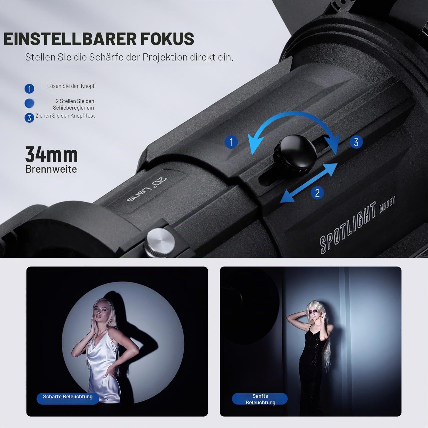 NEEWER Spotlight Snoot mit 20° Projektionsobjektiv, einstellbarem Fokus, 16 Metallgobos, 5 Farbgels, Tasche, konischer Snoot für Bowens Mount LED Dauerlicht Studio Videoleuchte bis 300W, LS-39