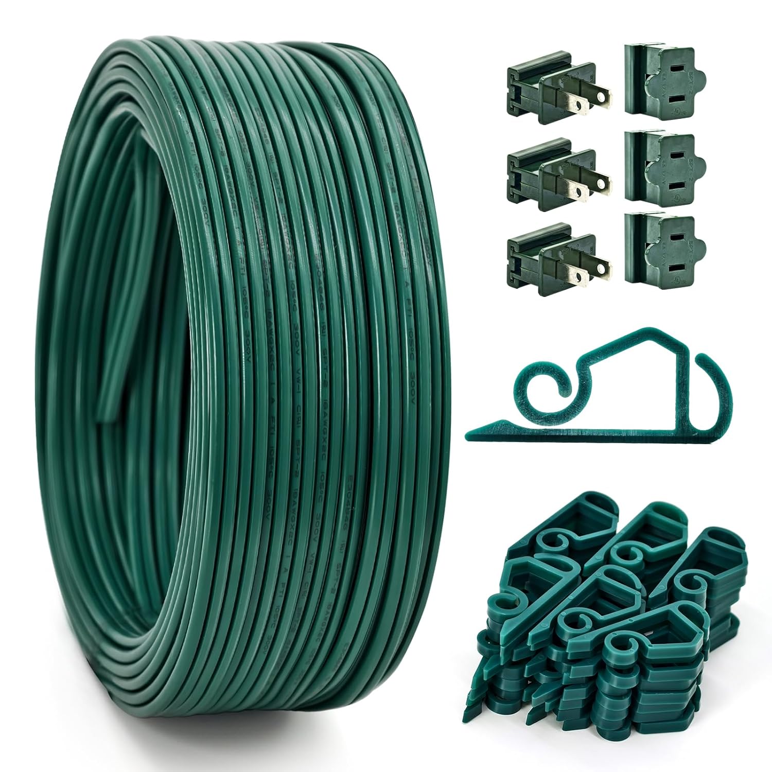 18/2 SPT-2 Christmas Light Wire 100 FT with 12 PCS Vampire Plugs and 80 PCS Light Clips, 18AWG 2-Conductor Wire for Xmas Lights Holiday Supplies Decoration