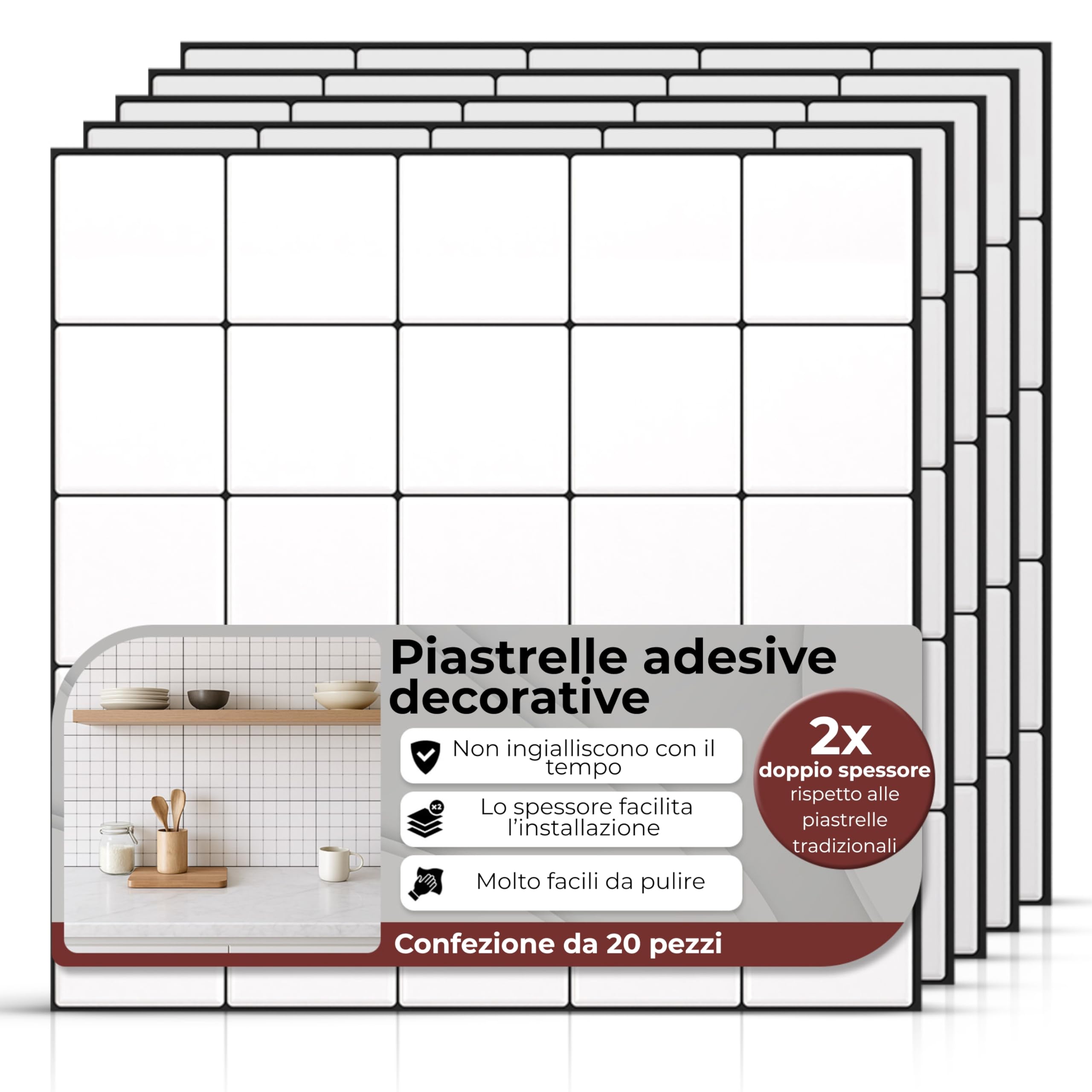 AMARA DECO – 20 Piastrelle Adesive Cucina e Bagno 30x30cm. Mattonelle Adesive da Parete con Effetto Piastrelle 3D, Impermeabili, Resistenti al Calore e Facili da Pulire (Quadrati) (20, Bianco e Nero)