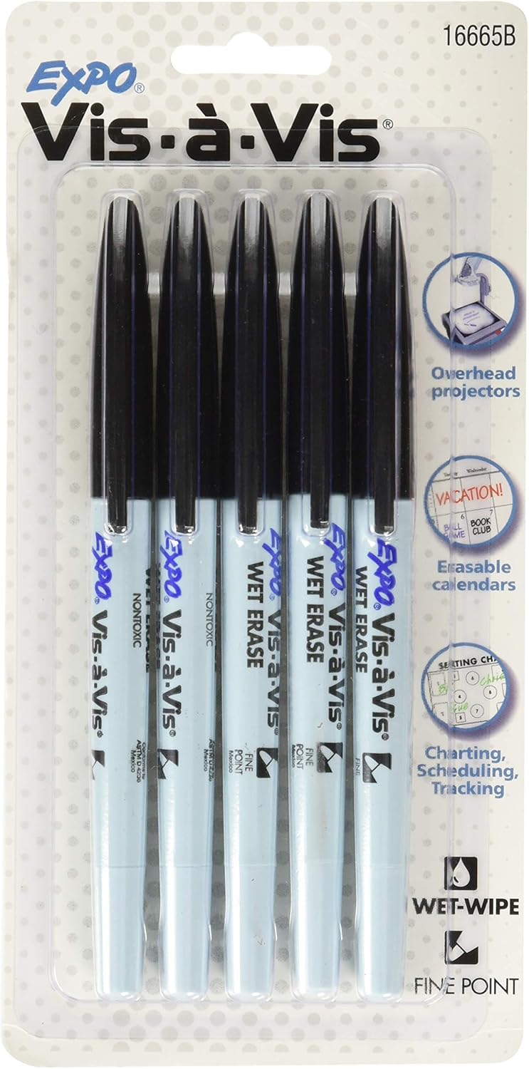 EXPO 16665B Vis-A-Vis Wet-Erase Overhead Transparency Markers, Fine Point, Black, 5-Count : Overhead Markers : Office Products