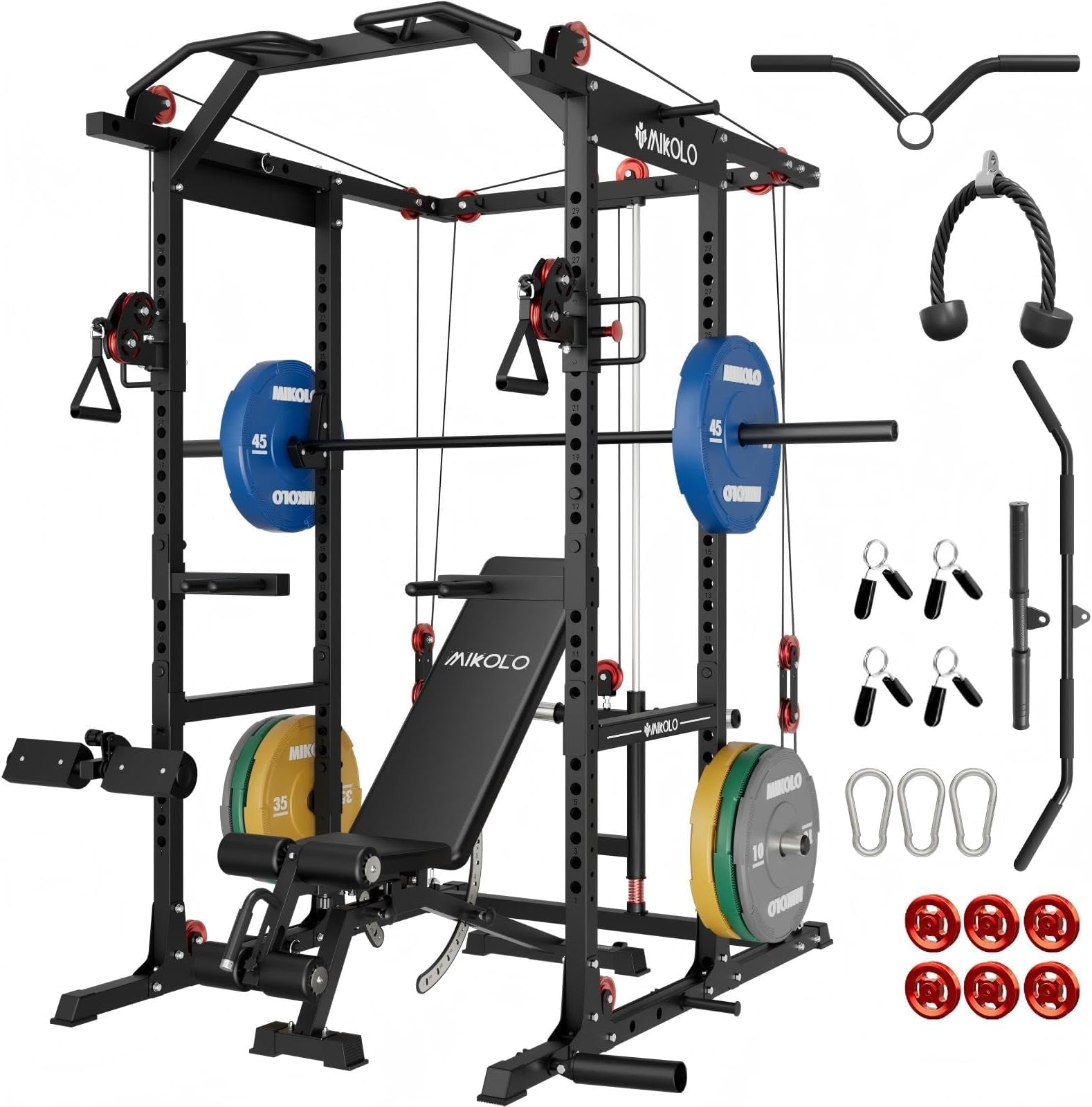 Mikolo K6 2.0 Power Cage, Power Rack with Cable Crossover System, 2000LBS Squat Rack with LAT Pull Down System, Functional Trainer with Aluminum Pulley System for Home Gym