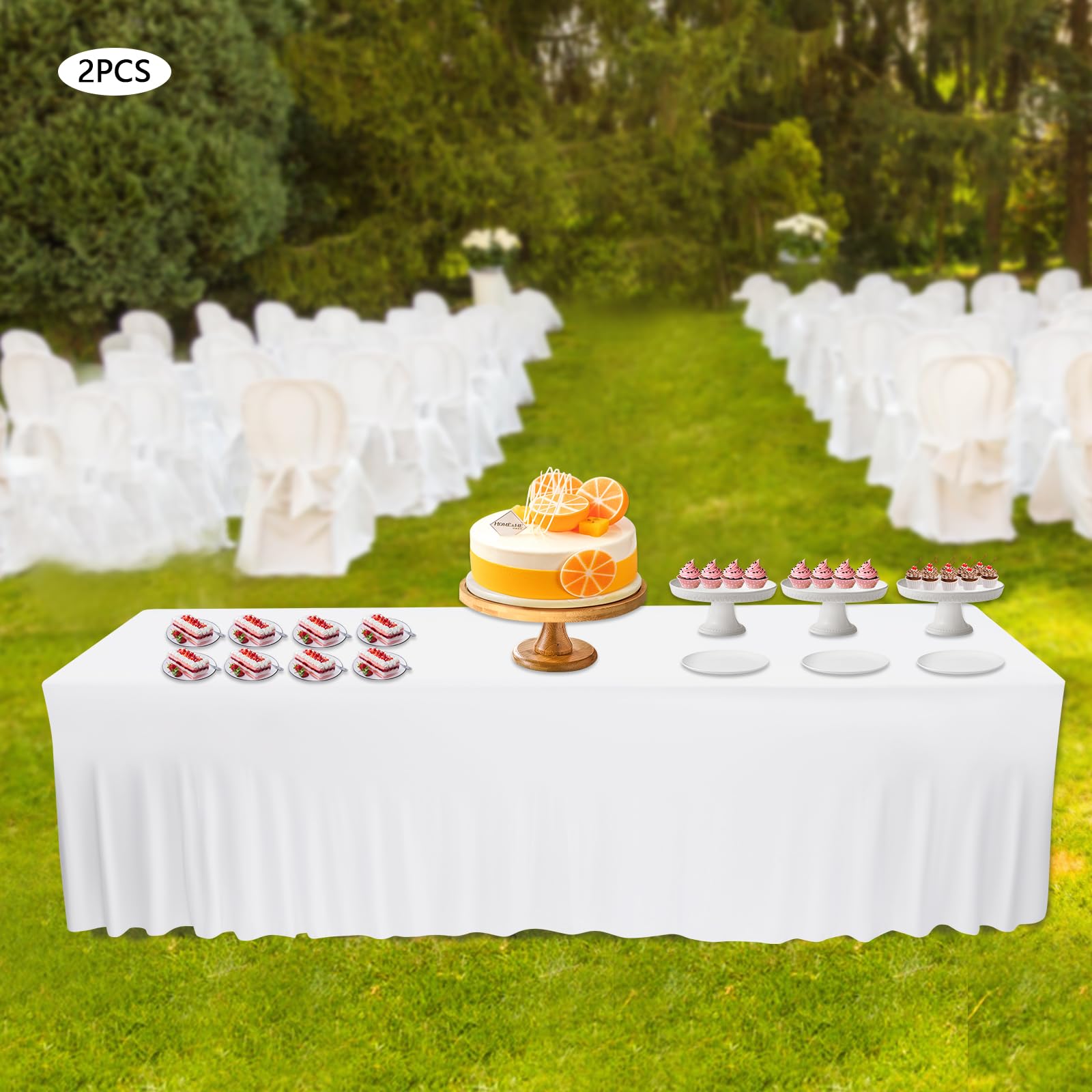2er-Set Weiße Tischschürzen Aus Polyester - 8ft Stretch Tischdecken Mit Rüschen Für Veranstaltungen