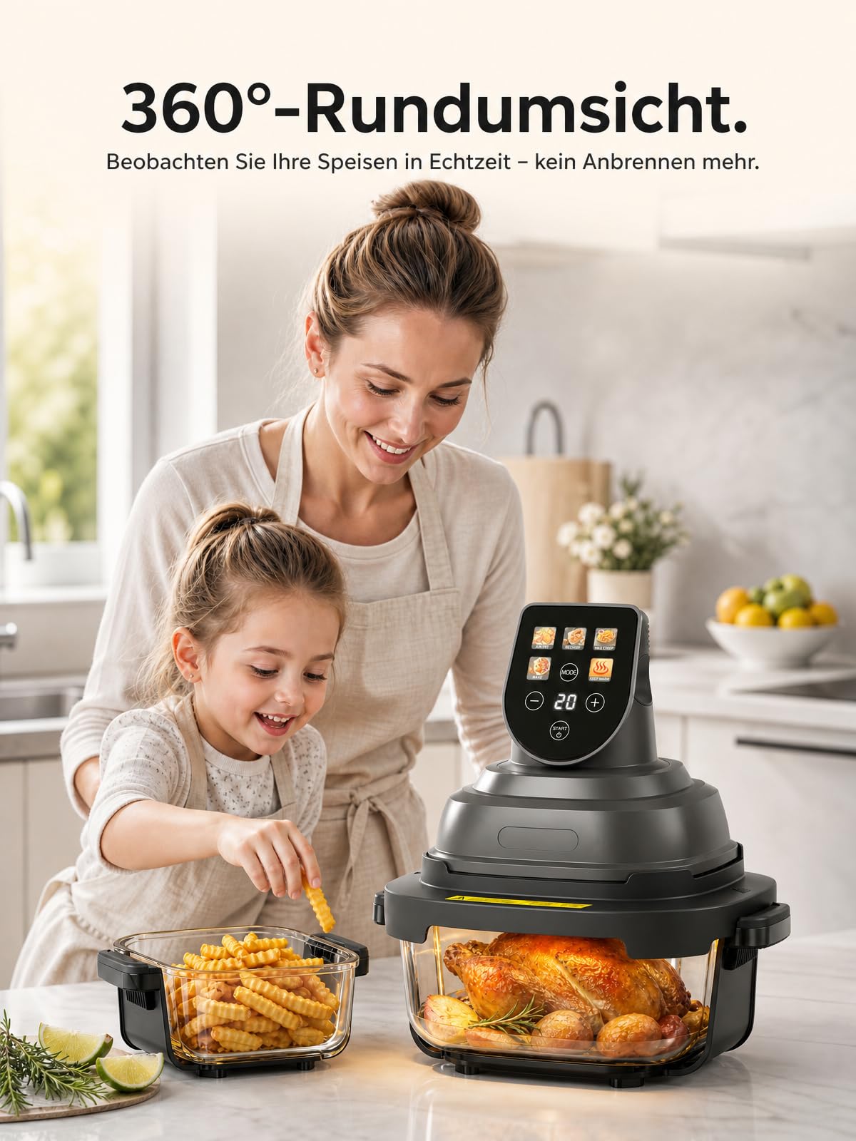 Cartman Tragbare Glas Heißluftfritteuse mit 2 Behältern (3,8 L + 1,4 L), 5-in-1 zum Frittieren, Braten, Warmhalten & Recrisp, Kompakt für Alltag und Familie, 1500W