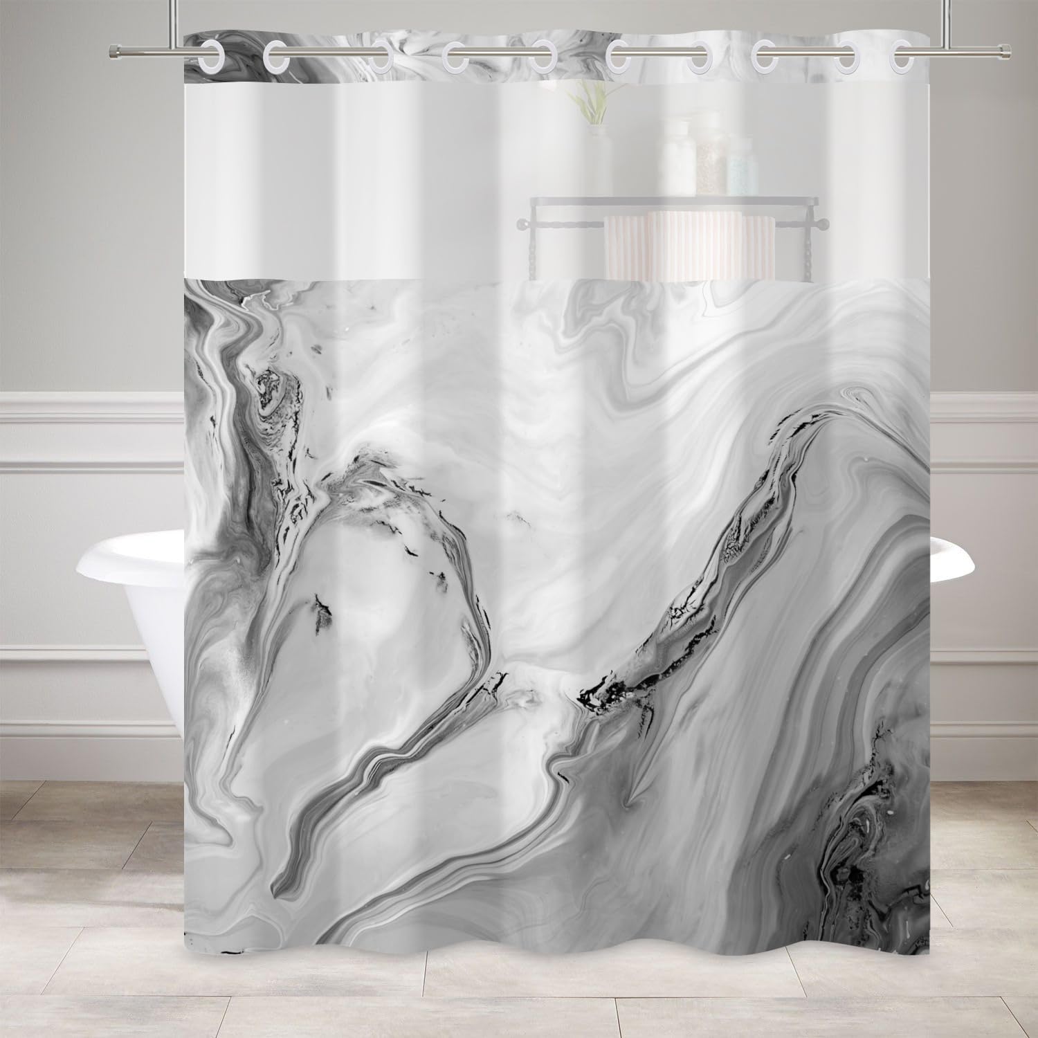 DASHAN No Hook Shower Curtain with Snap in Liner, Grey Marble Shower Curtains for Bathroom, Abstract Modern Luxury Texture Bathroom Curtain Hotel Fabric Bath Curtains 71"x74"