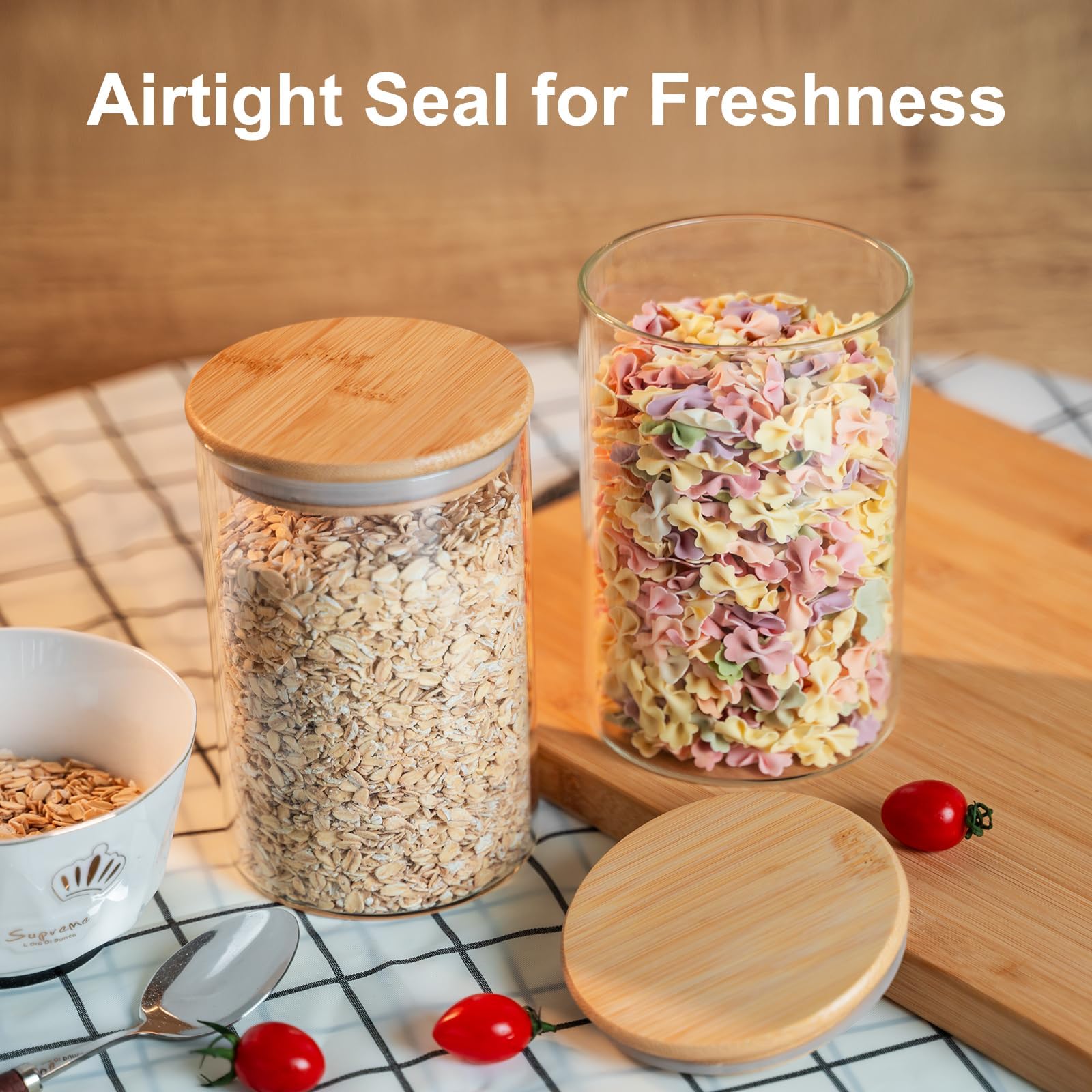 YUNCANG Vorratsdosen aus Glas, 1,5 l, transparent, mit luftdichtem Bambusdeckel, stapelbar, Küchenbehälter für Süßigkeiten, Kekse, Reis, Zucker, Mehl, Nudeln