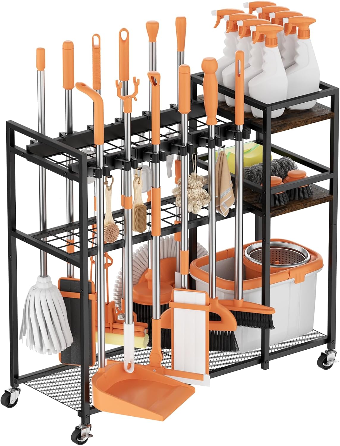 Broom Holder Cleaning Cart with Cleaning Supplies Organizer – 12 Grippers, 8 Hooks, 2 Mesh & 2 Board Racks, Large Grid Base, 4 Wheels – Rolling Storage for Home Laundry Room Organization