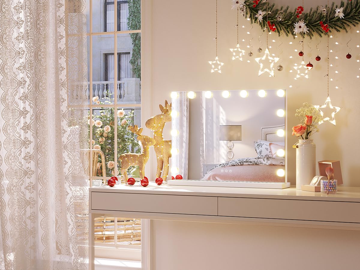 SONNI, Hollywood - Specchio da trucco, 58 x 46 cm, con 3 temperature di colore, 15 lampadine a LED, specchio grande con controllo touch e funzione di memoria della luminosità