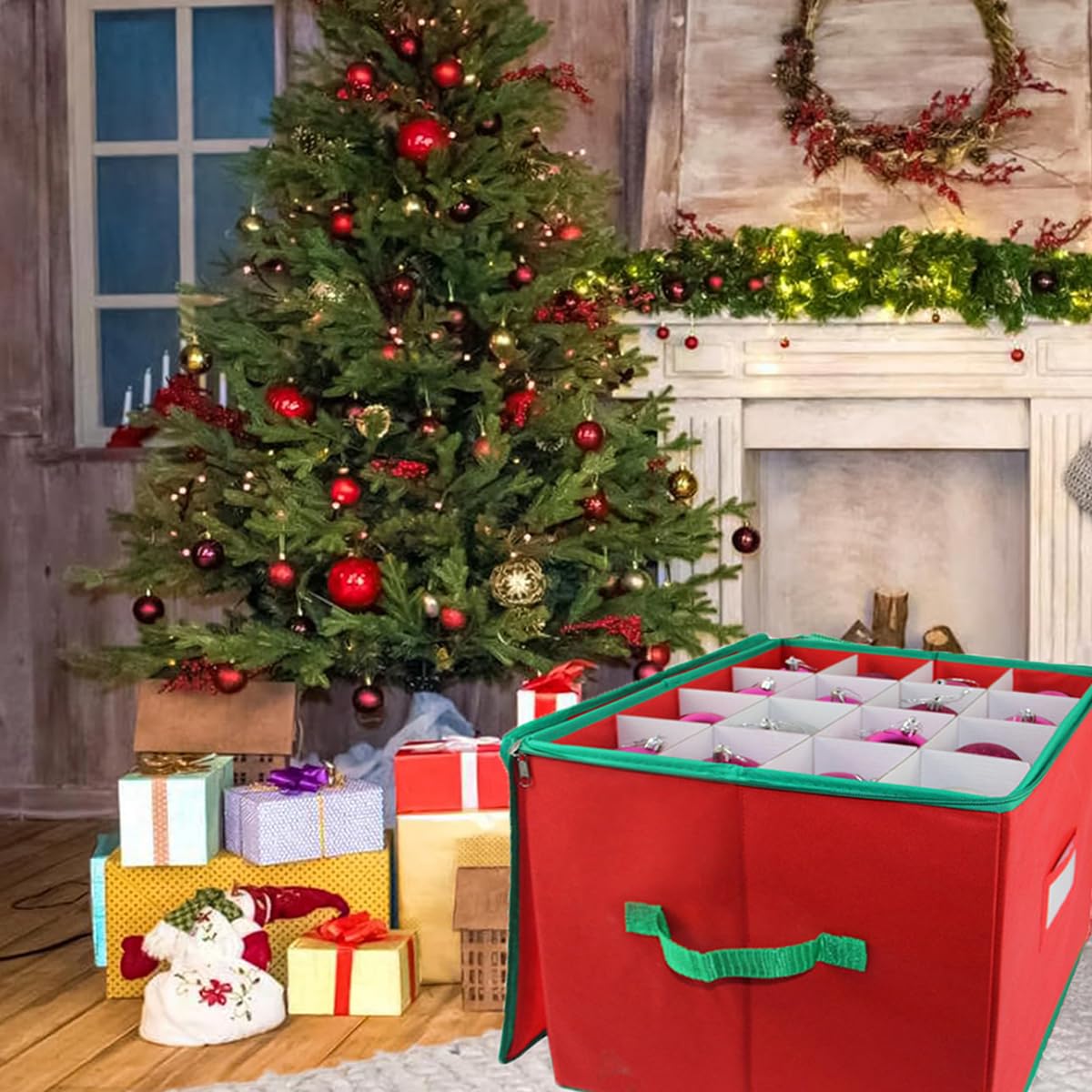 Aufbewahrungsbox für Weihnachtsdeko, Vliesstoff Weihnachtskugeln Aufbewahrung 64 Verstellbaren Trennwänden Aufbewahrungsbehälter mit Reißverschluss Deckel für Holiday Dekorationen Zubehör