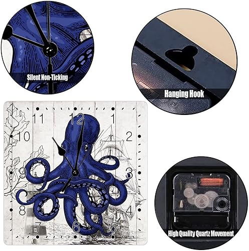 Miniatura 5 de Reloj de pared de madera con diseño de pulpo oceánico y temática de playa, reloj de madera silenciosa, decoración del océano, reloj de pared de